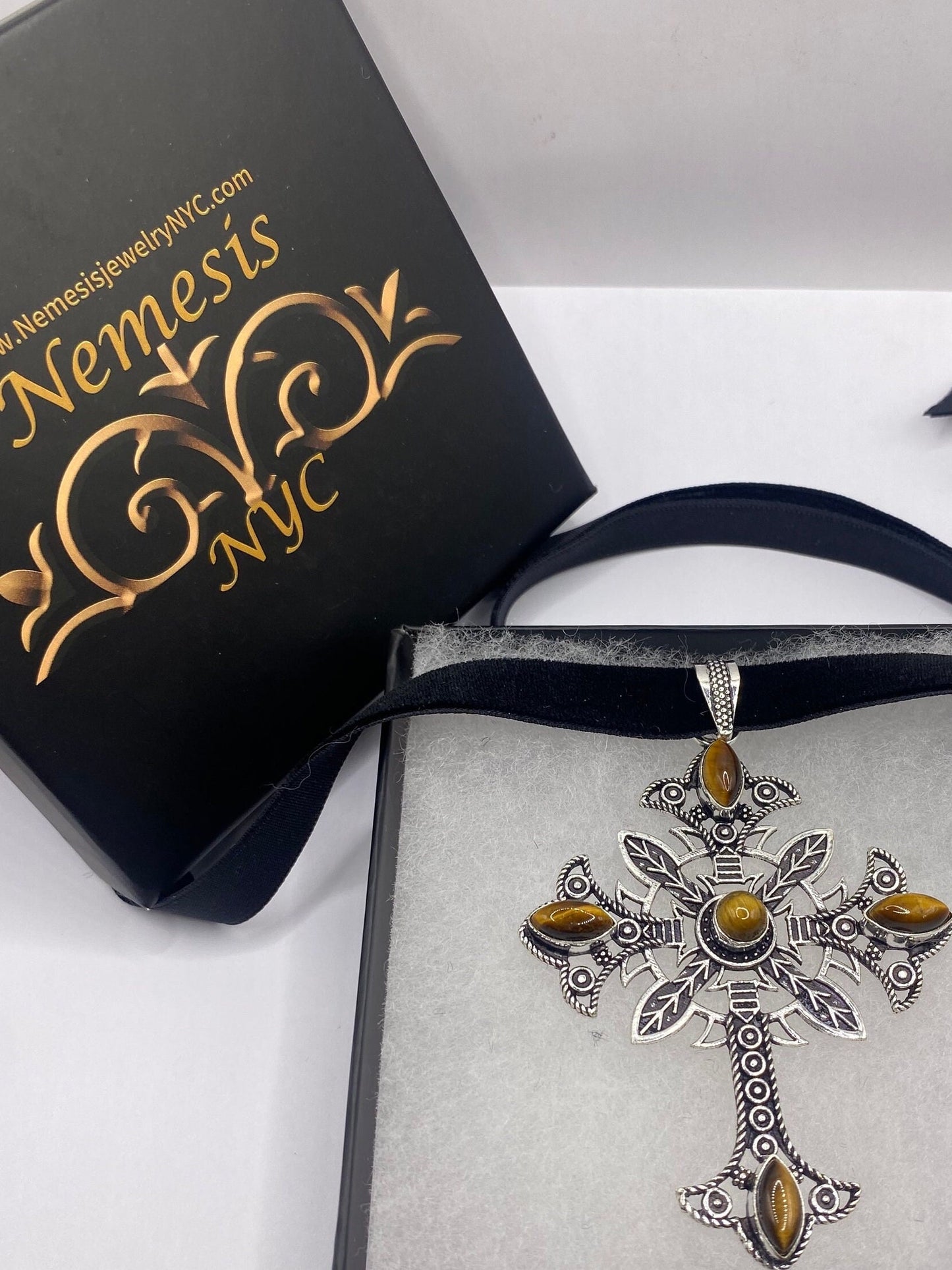 Vintage gothic tigers eye cross Pendant Necklace