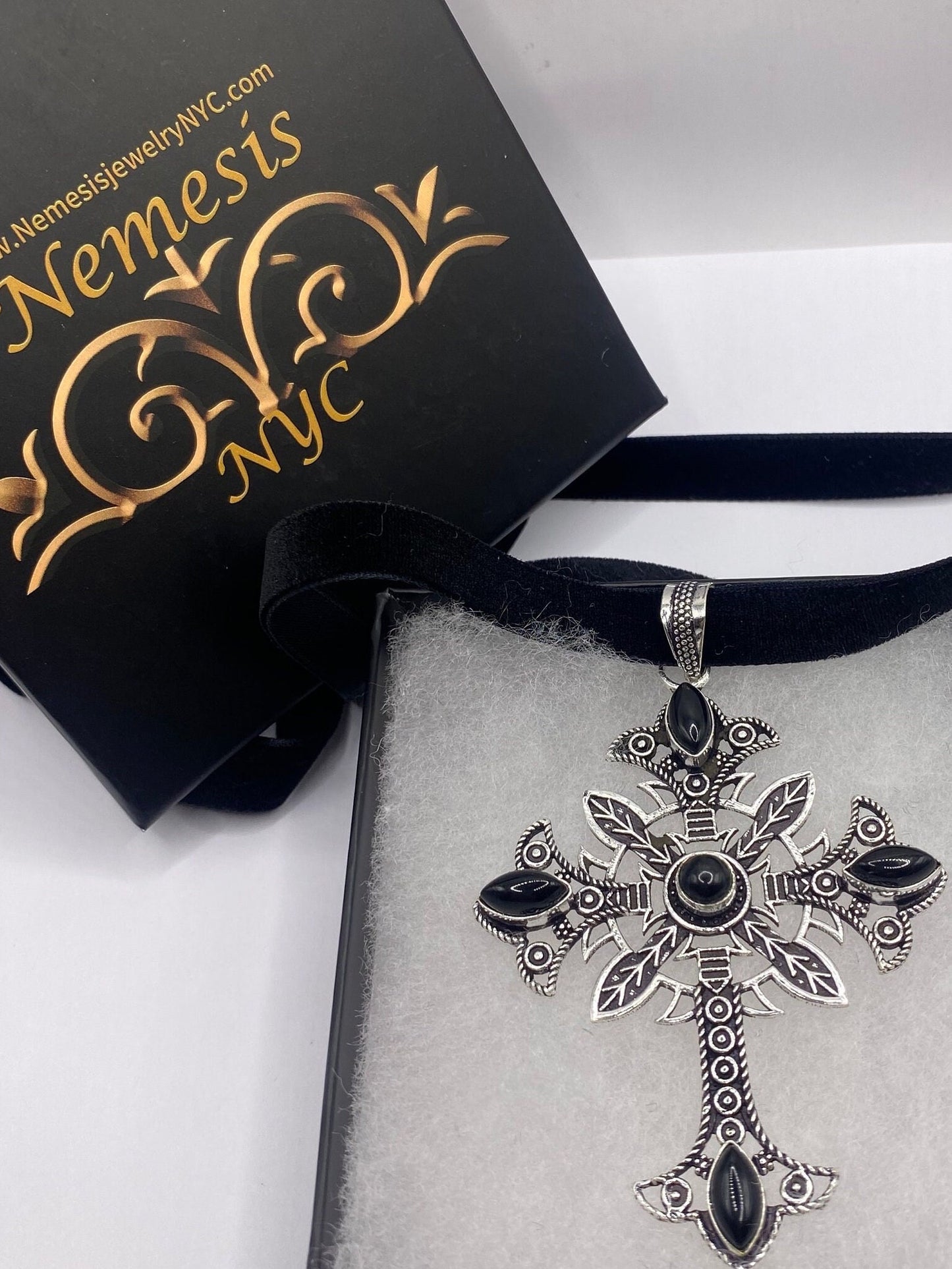 Vintage Black Onyx Cross Choker Black Velvet Ribbon Pendant