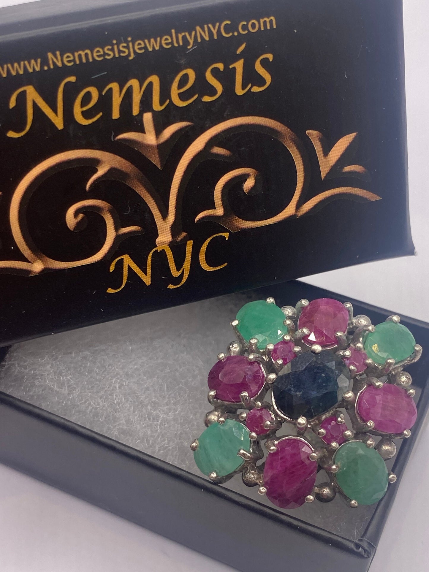 Vintage Green Emerald, Blue Sapphire and Ruby 925 Sterling Silver Ring Size 5.5