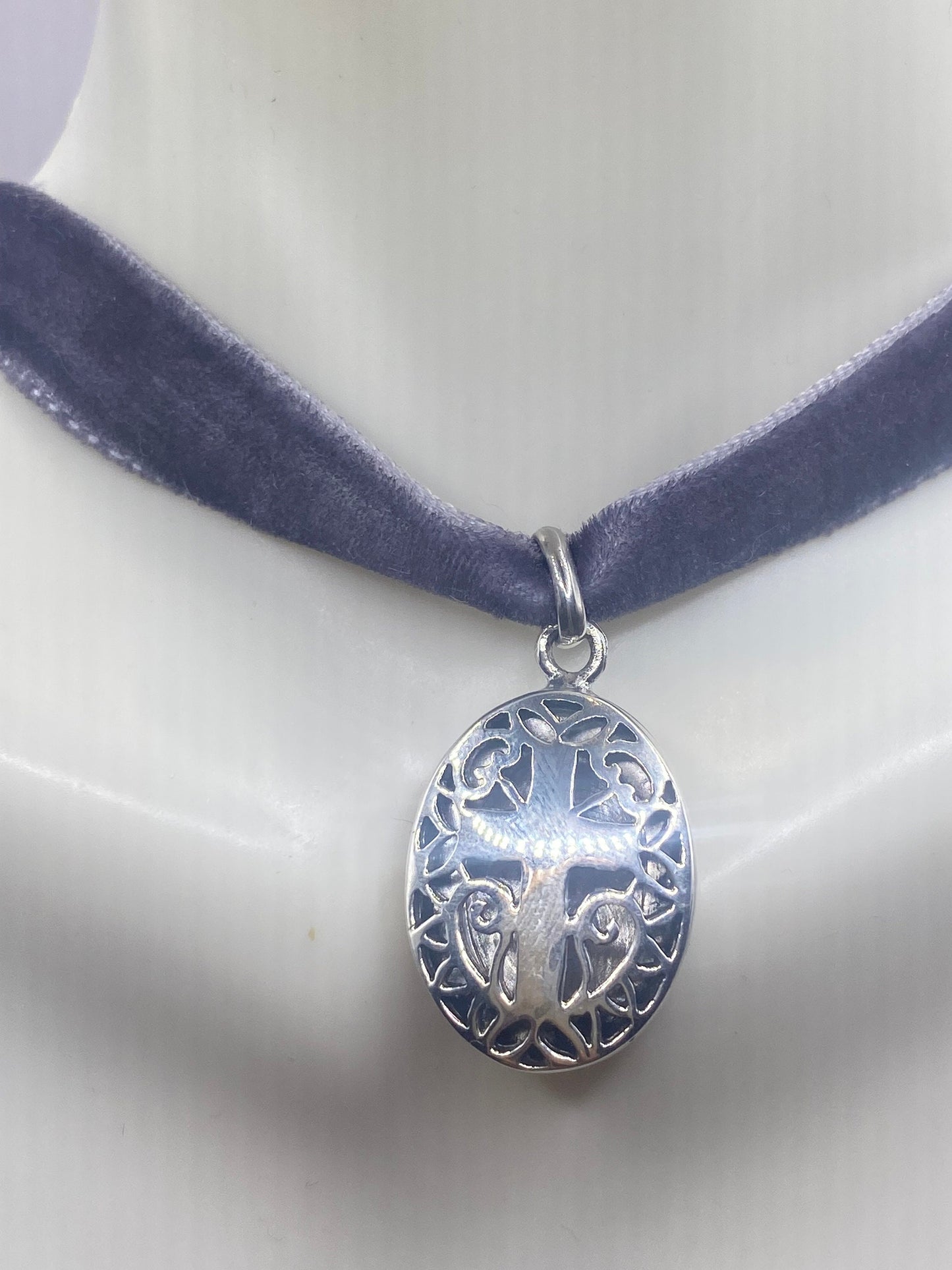 Vintage Etched Sterling Silver Cross Locket | Velvet Ribbon Choker