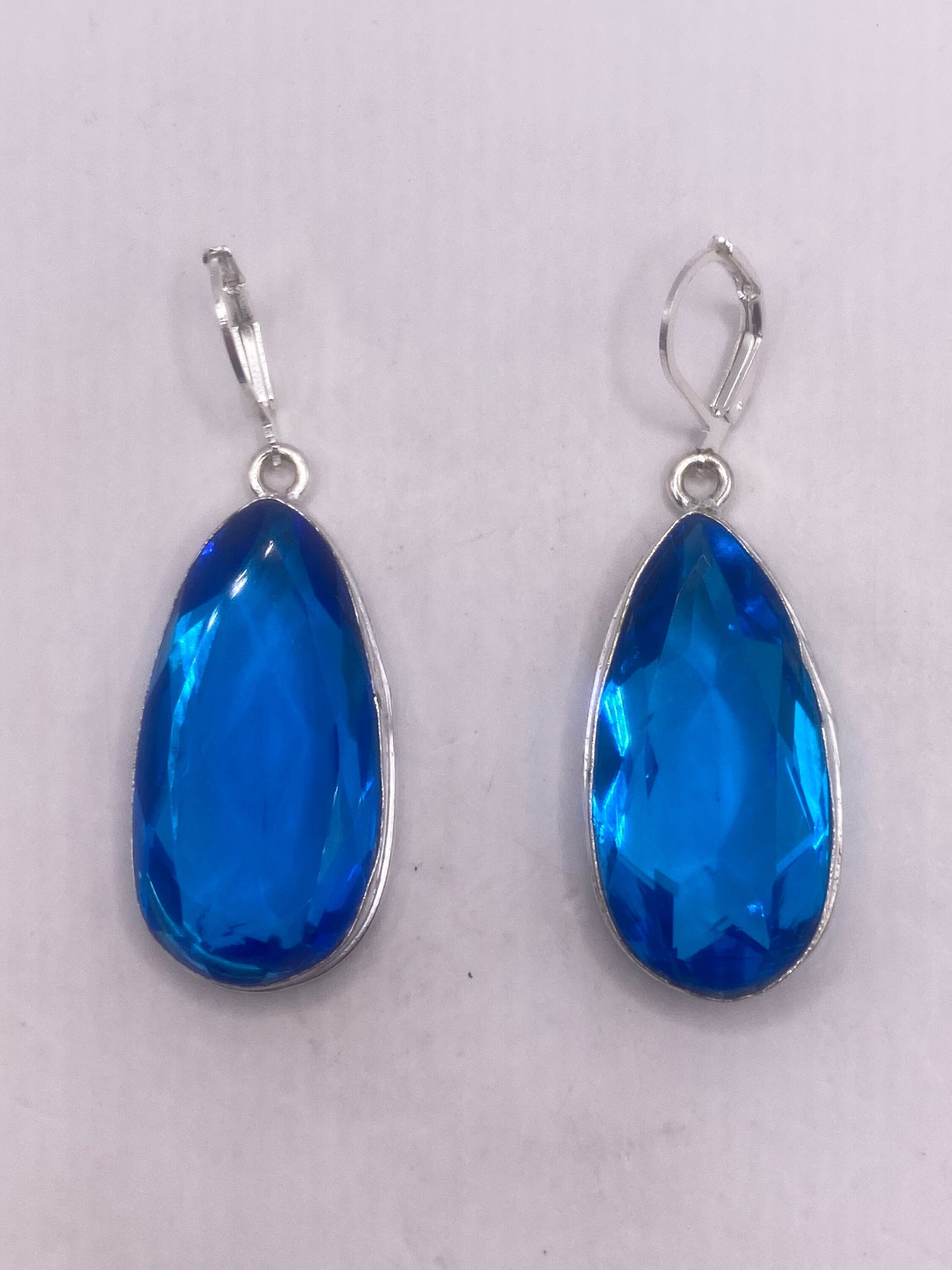 Antique Vintage Blue Glass Silver Dangle Earrings