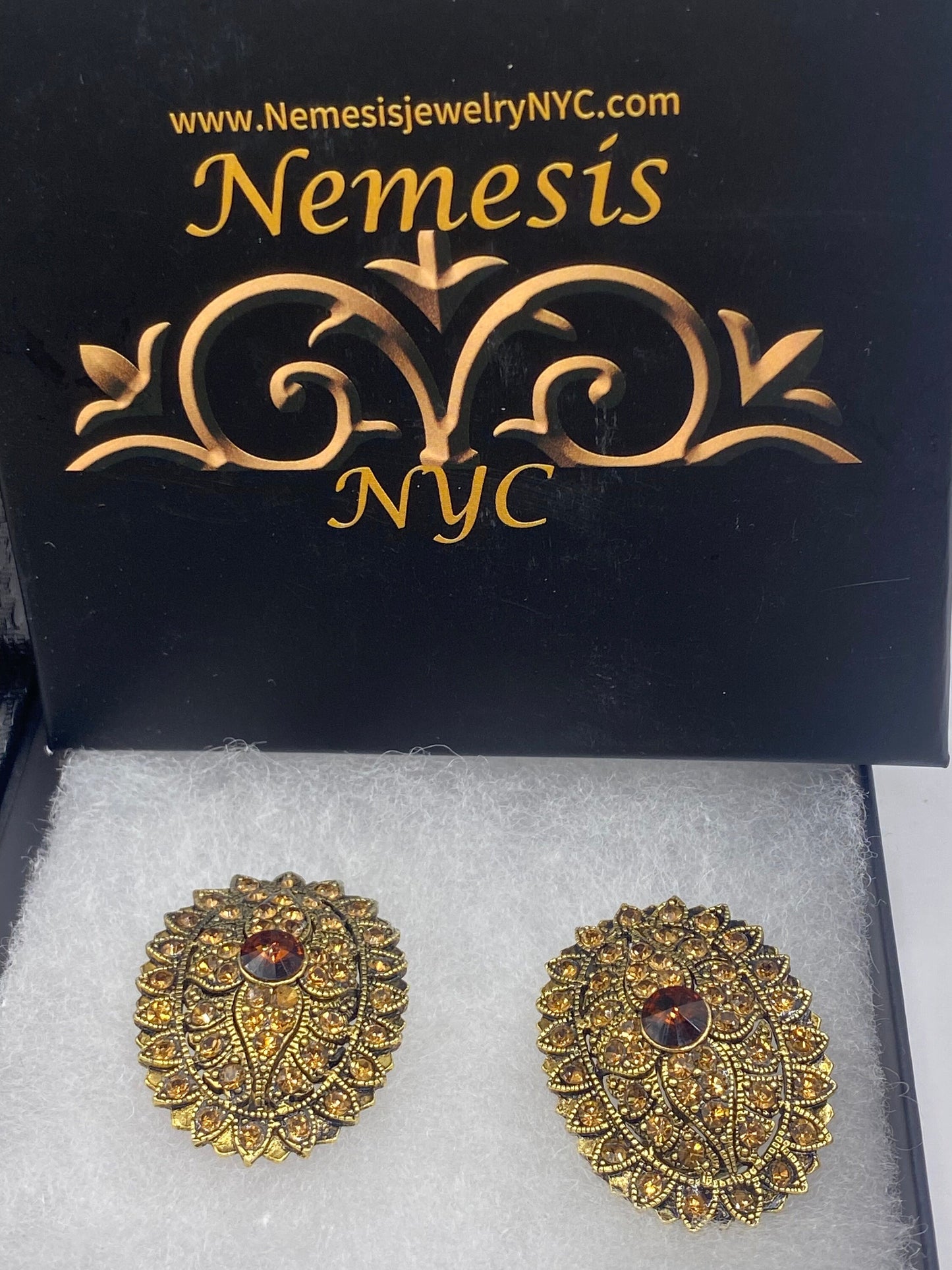 Vintage Gold Crystal Clip On Button Earrings