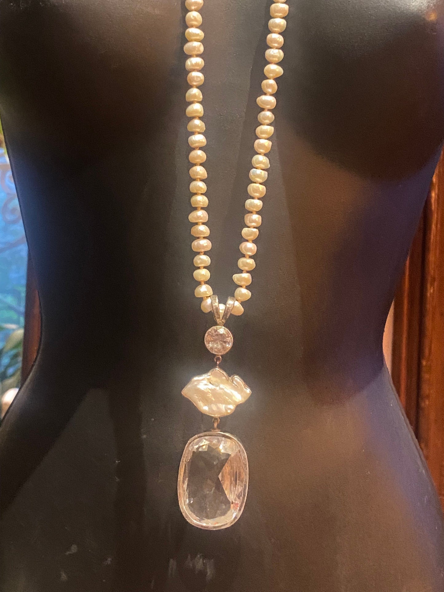 Vintage Hand Knotted White Topaz Pearl Necklace 36 inch