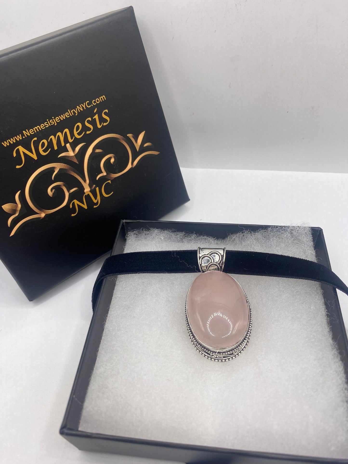 Vintage Handmade Silver Finish Rose Quartz Choker Pendant