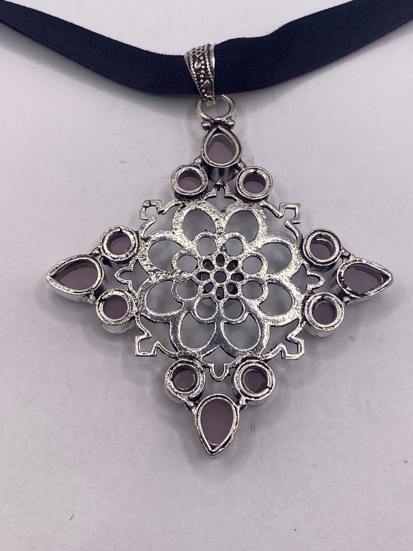 Vintage Handmade Silver Finish Rose Quartz Choker Pendant