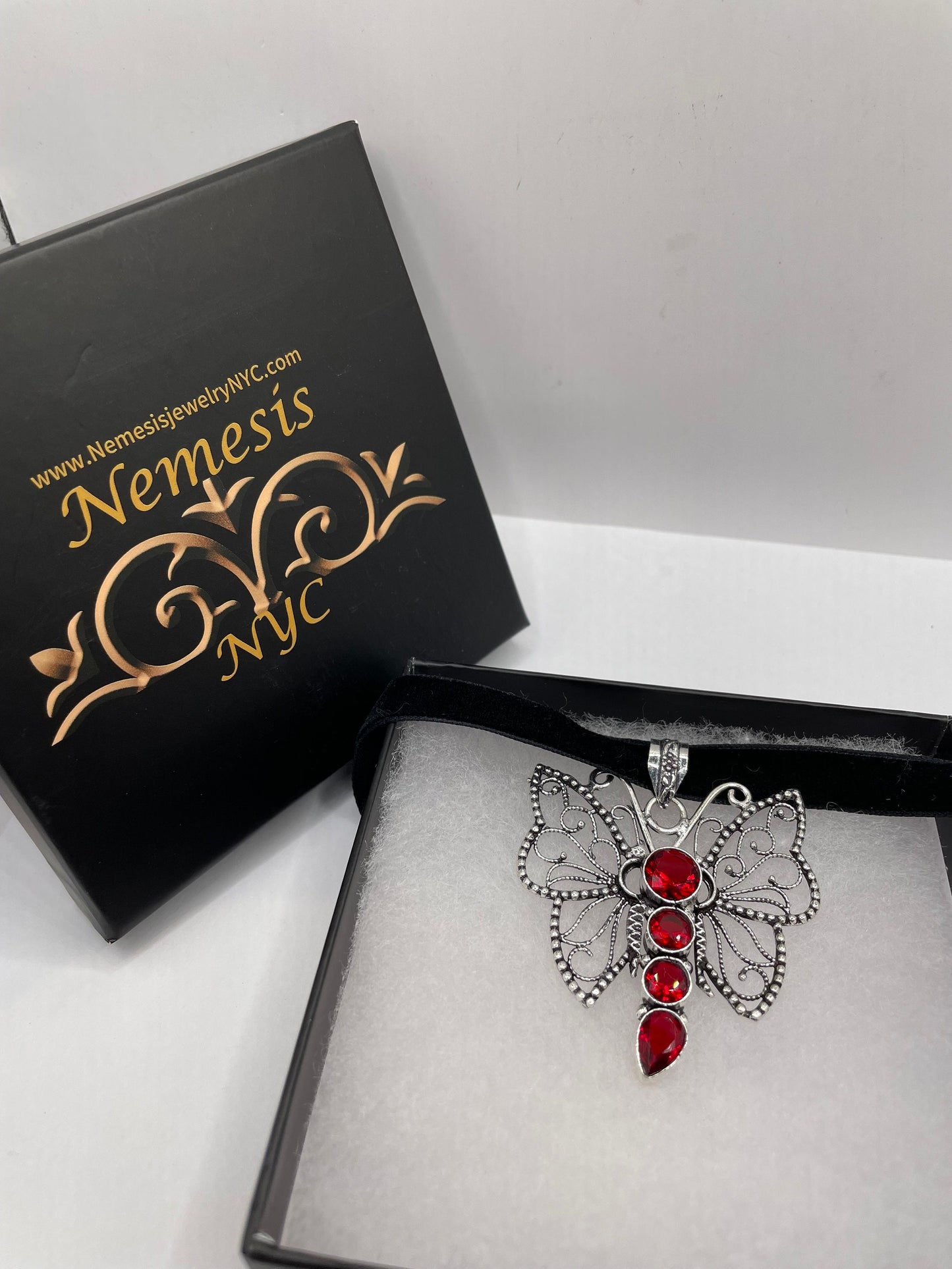 Vintage Moth Choker Red Ruby Glass Necklace