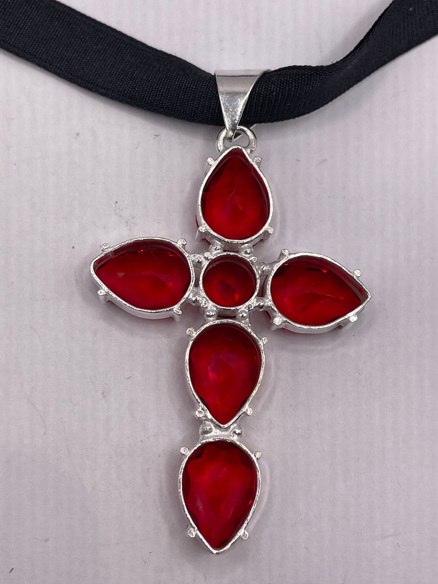 Vintage Red Ruby Glass Cross Choker Black Velvet Necklace.