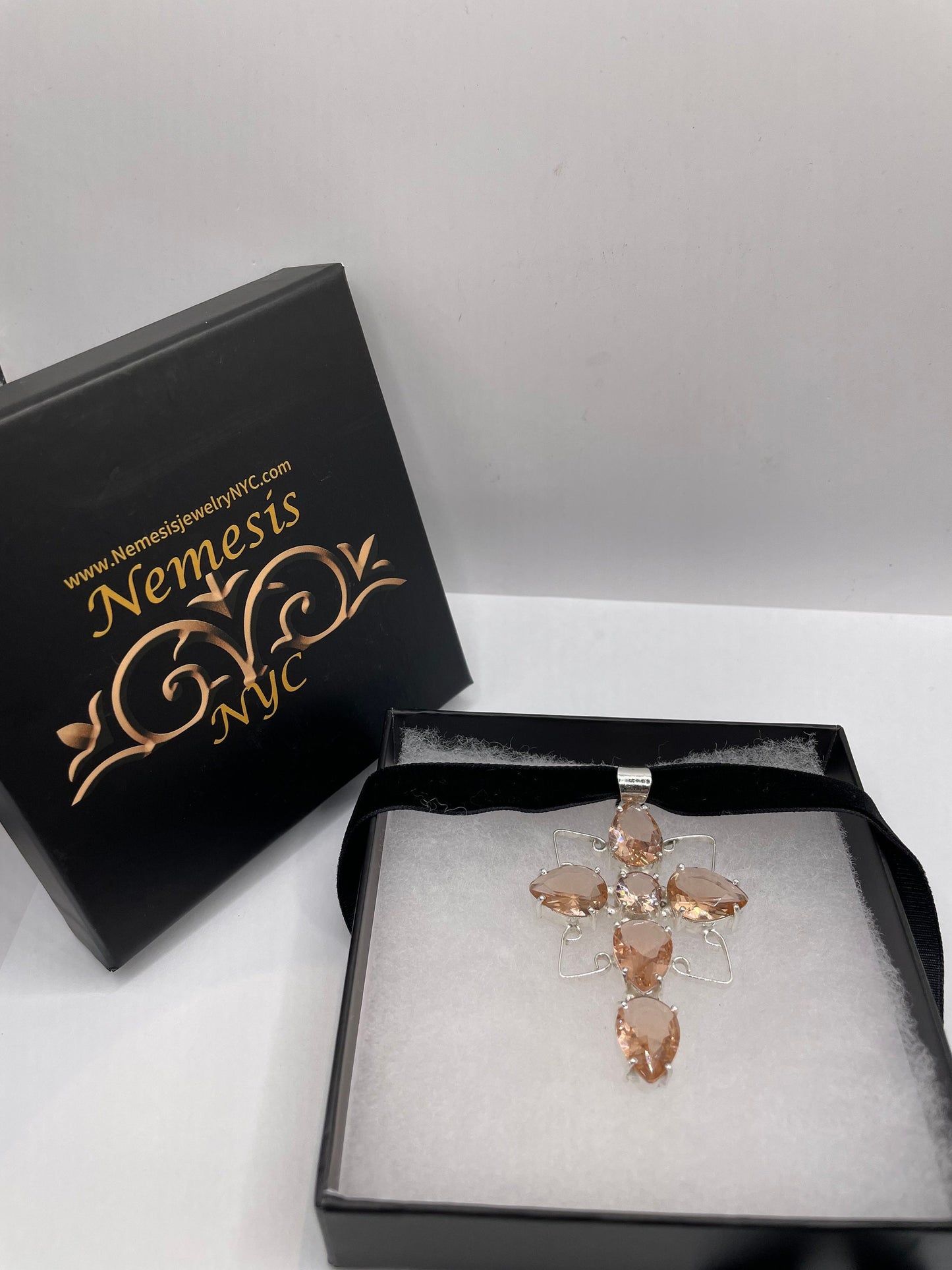 Vintage Pink Topaz Glass Cross Choker Black Velvet Necklace.