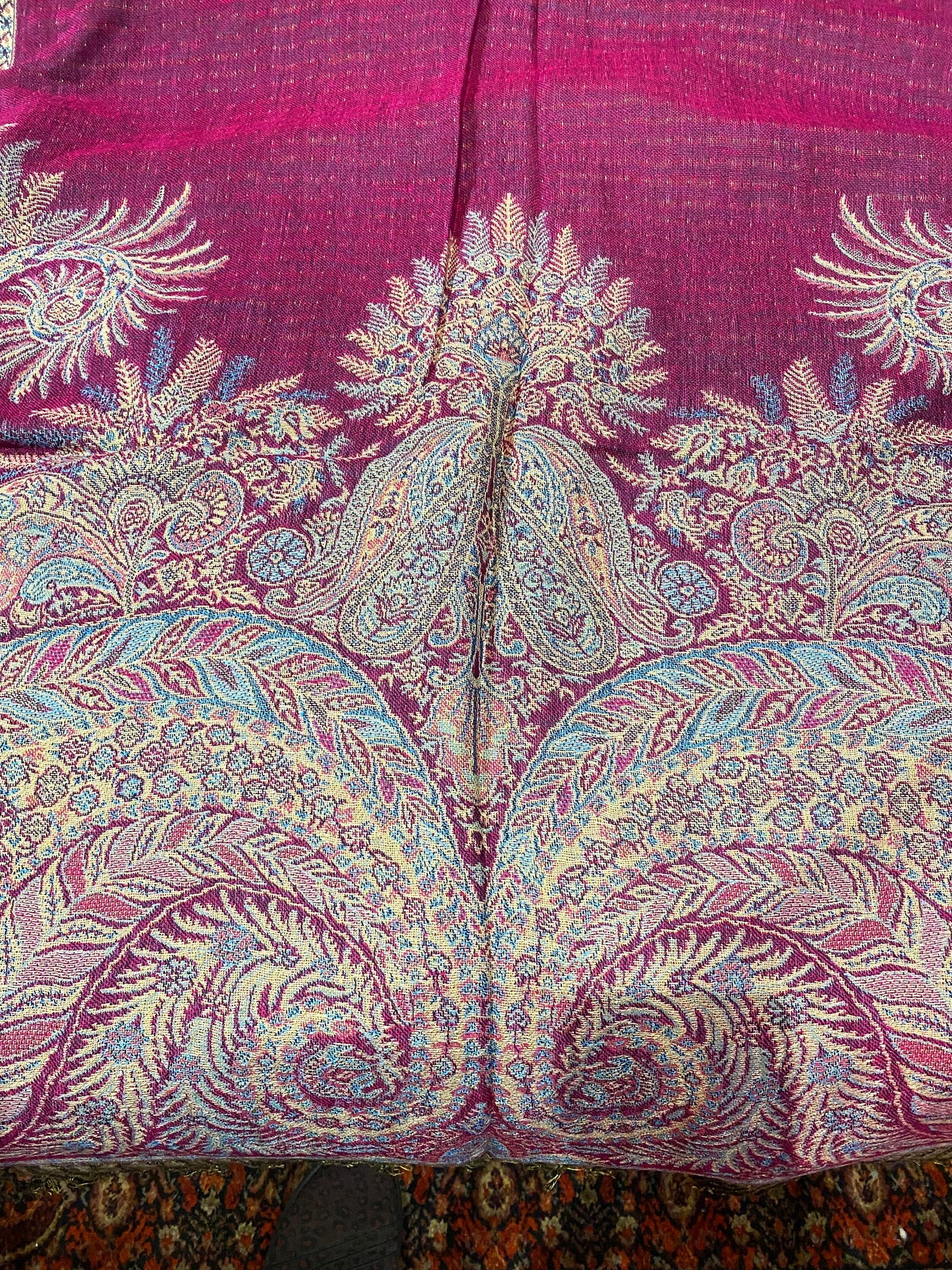 Vintage Fuscia Pink Paisley Brocade Pashmina Scarf Wrap