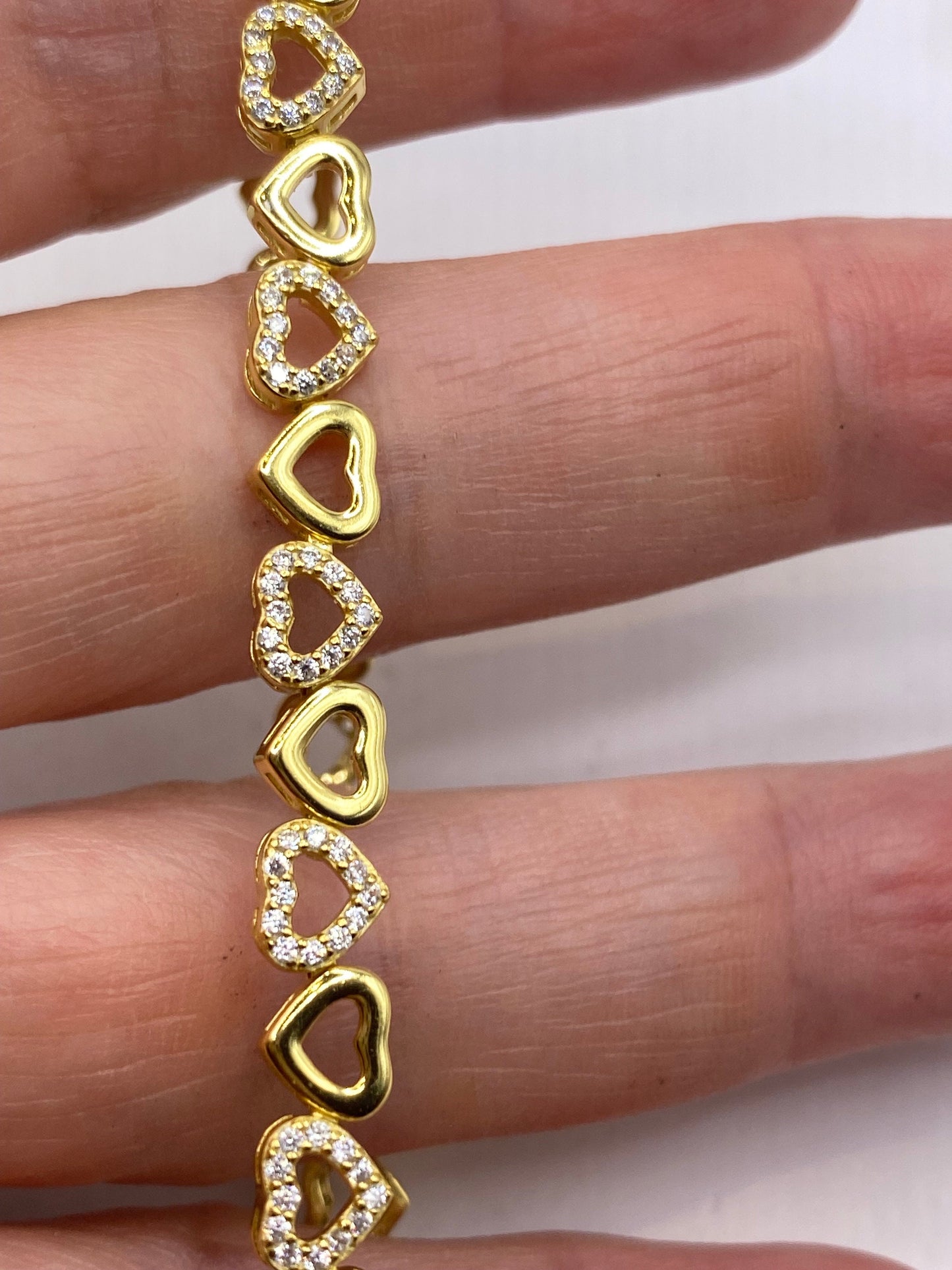 Vintage Heart White Sapphire Golden 925 Sterling Silver Tennis Bracelet