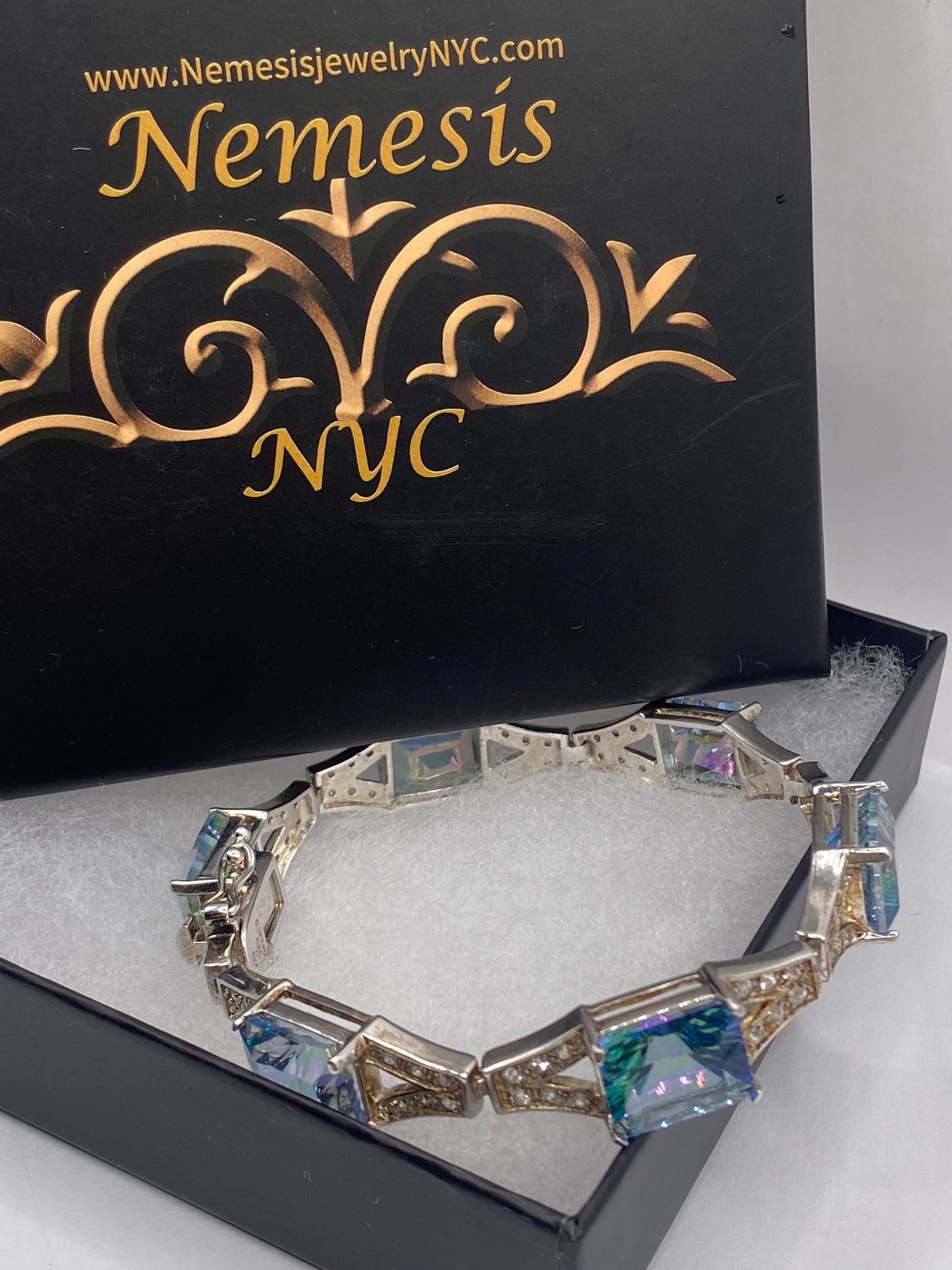 Vintage Mystic Blue Topaz Deco White Sapphire 925 Sterling Silver Bracelet