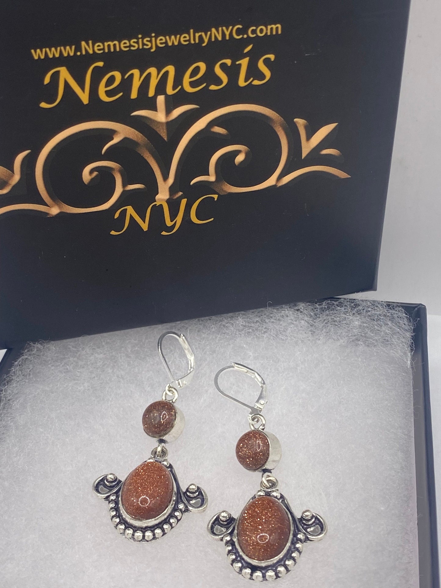 Vintage Chandelier Earrings Goldstone Silver Lever Back Dangle