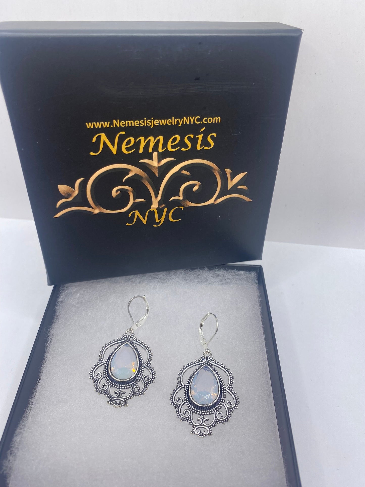 Antique Vintage Blue White Opal Glass Silver Dangle Earrings