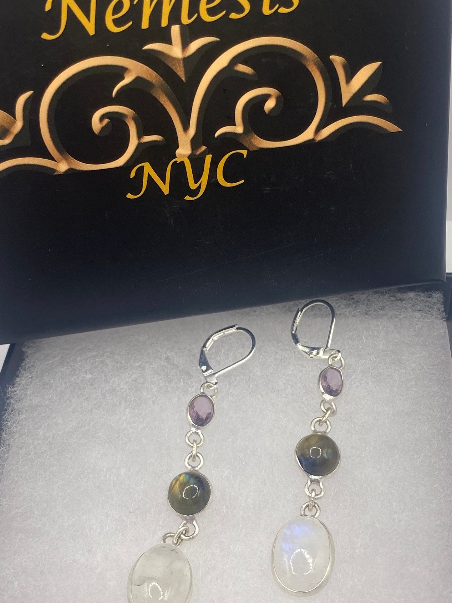 Vintage Rainbow Moonstone Sterling Silver Lever Back Dangle Earrings