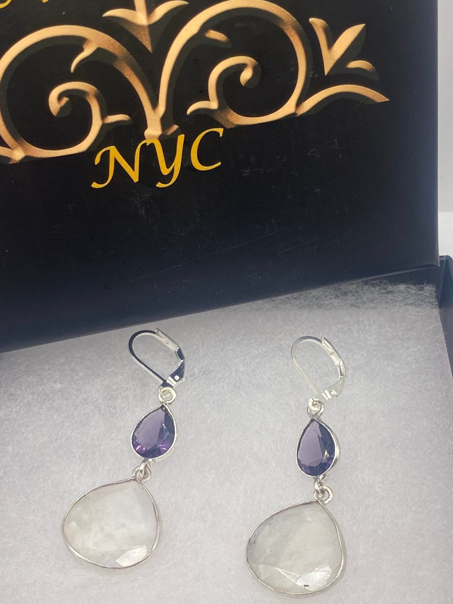 Vintage Rainbow Moonstone Sterling Silver Lever Back Dangle Earrings