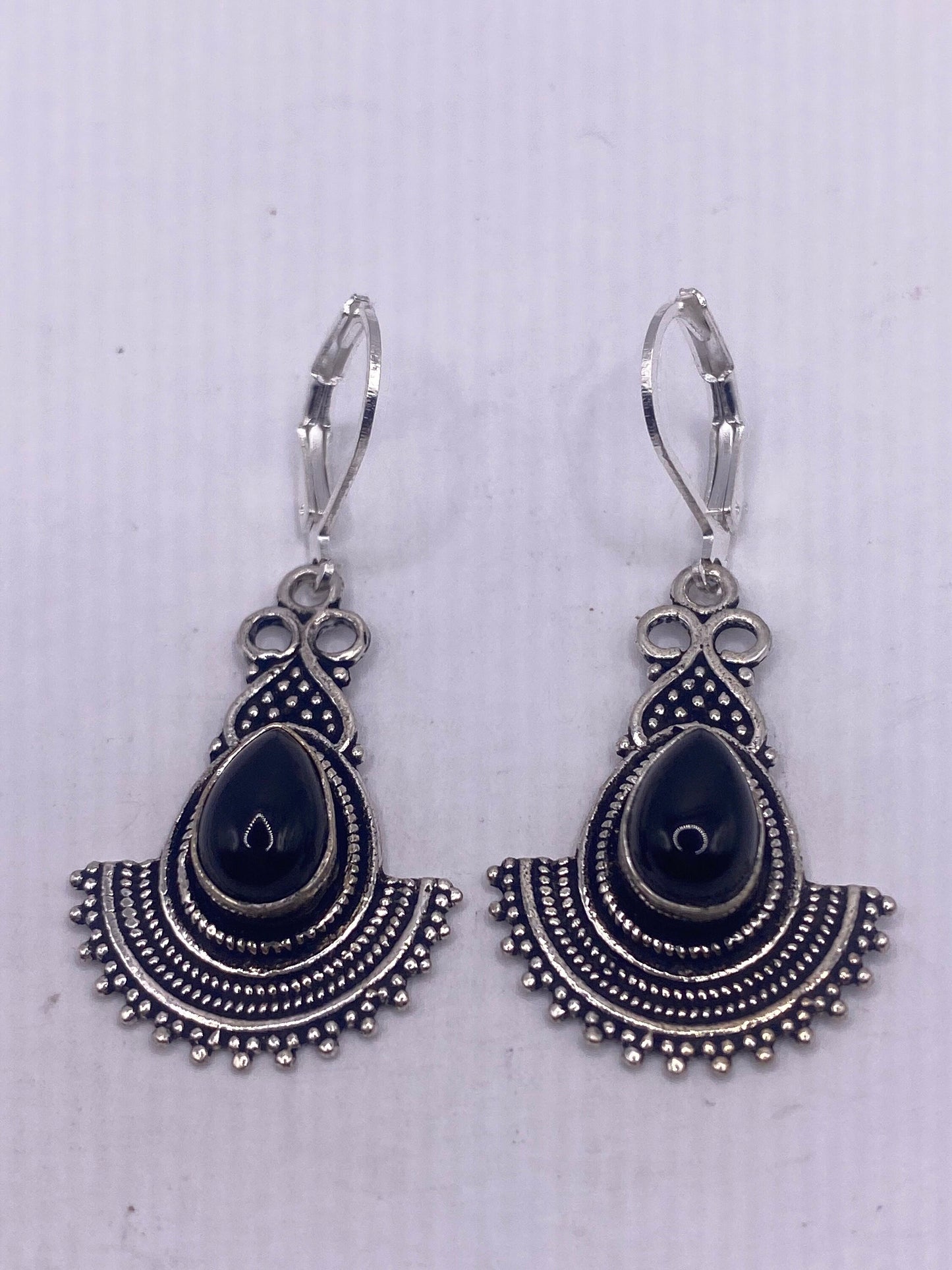 Vintage Black Earring Onyx 925 Sterling Silver Deco Dangle Chandelier