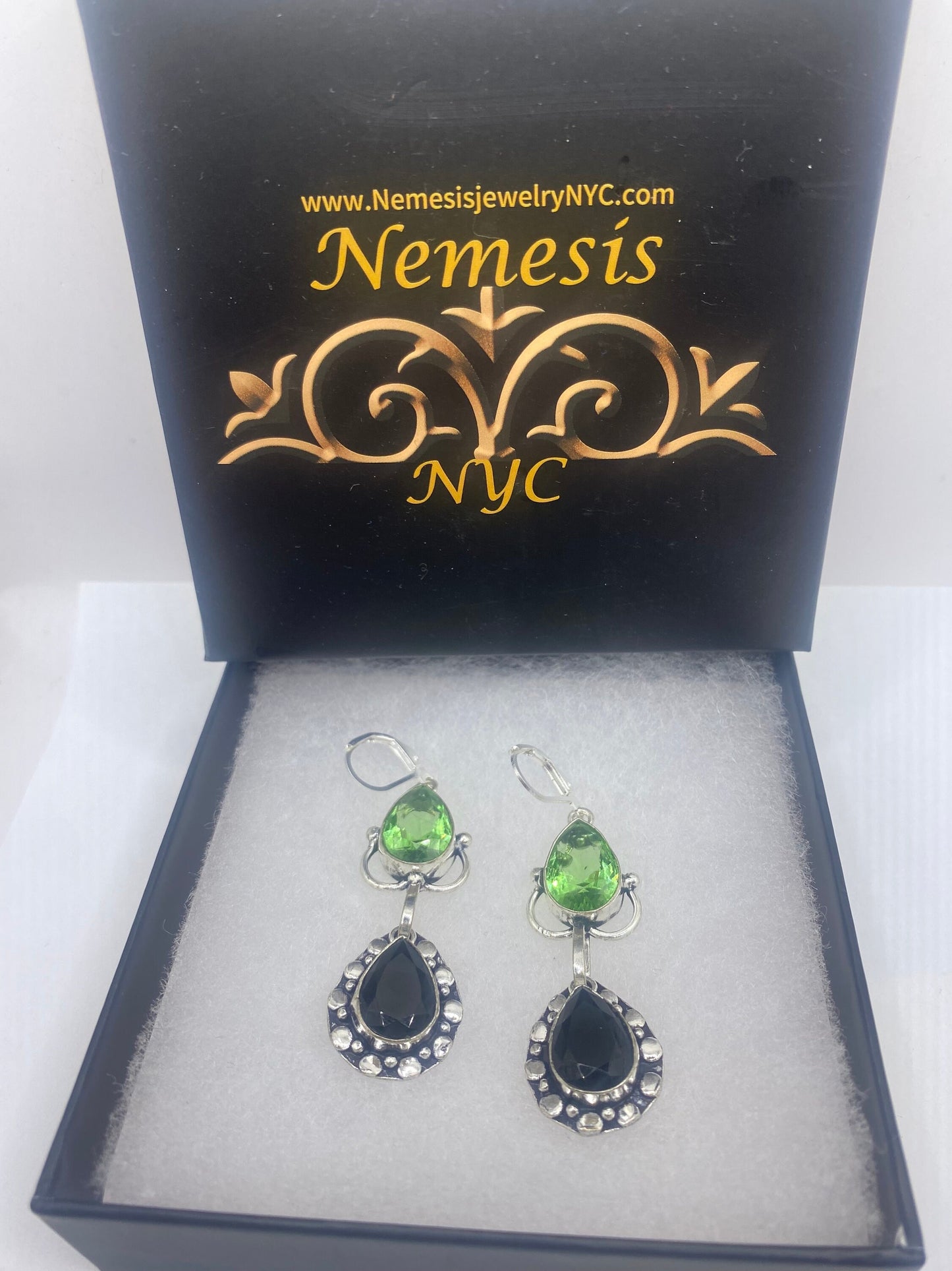 Vintage Black Earring Onyx and Green Glass 925 Sterling Silver Deco Dangle Chandelier