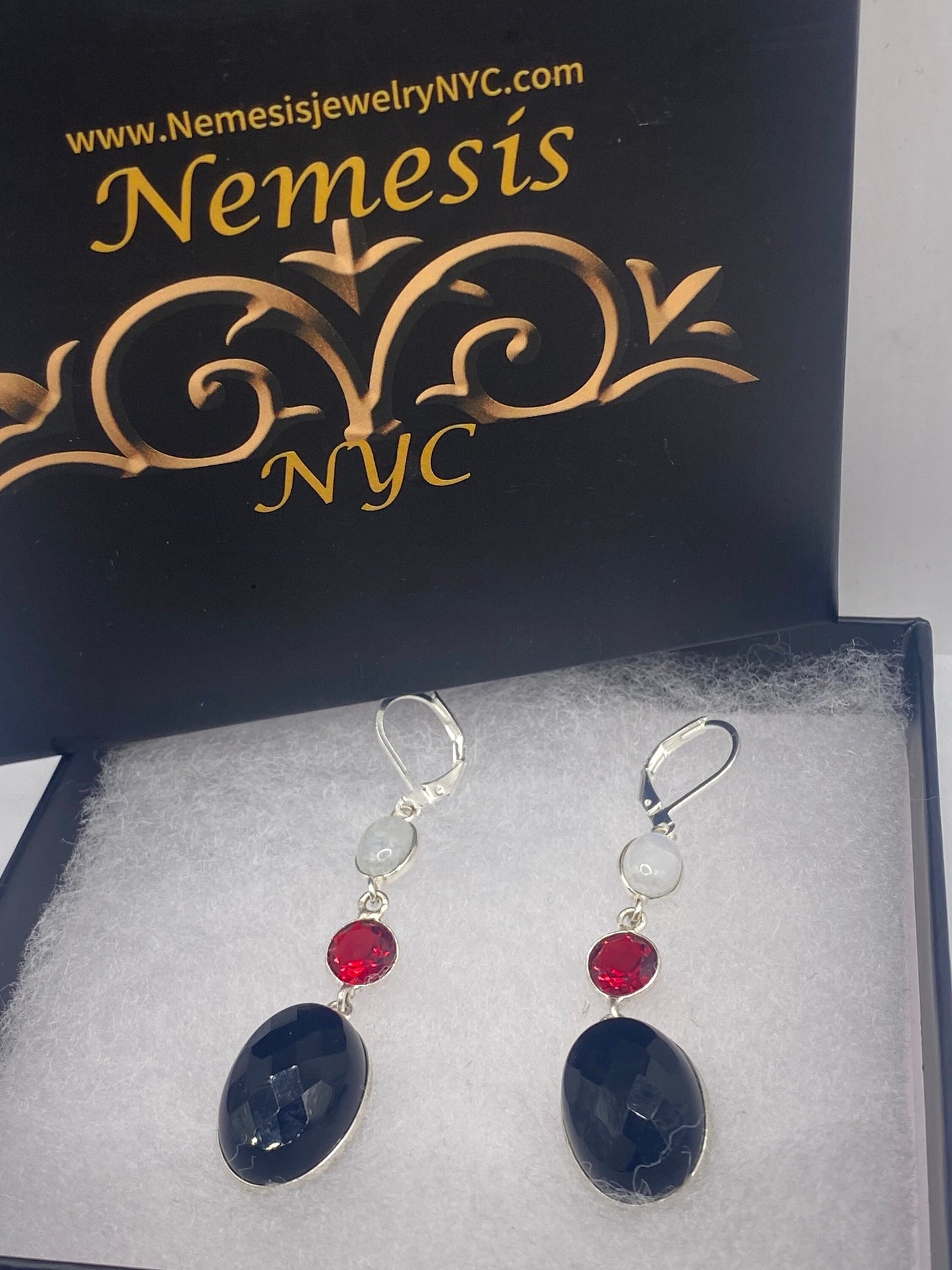 Vintage Black Earring Onyx and Citrine 925 Sterling Silver Deco Dangle Chandelier