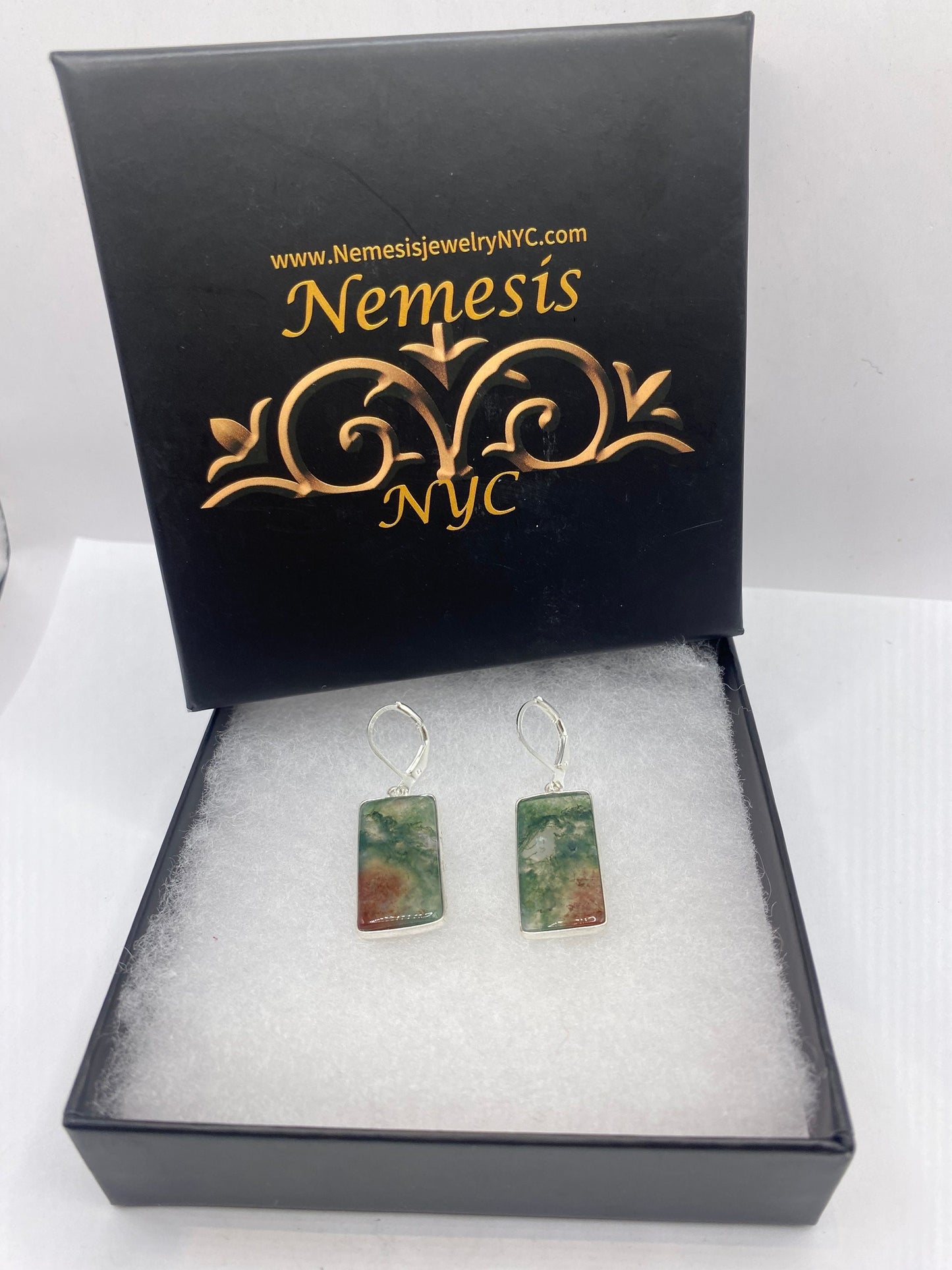 Antique Vintage Moss agate Silver Dangle Earrings
