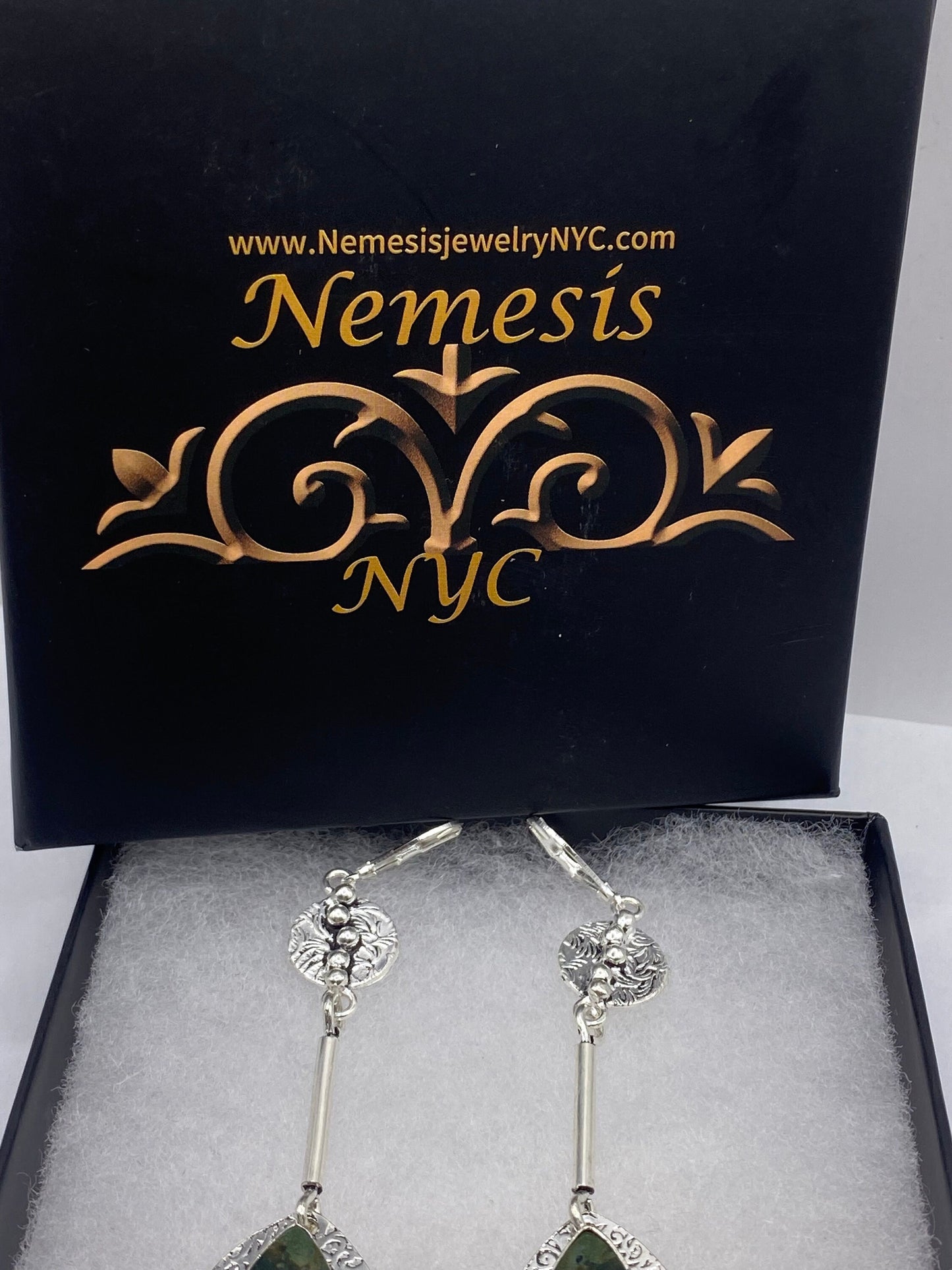 Antique Vintage Moss agate Silver Dangle Earrings