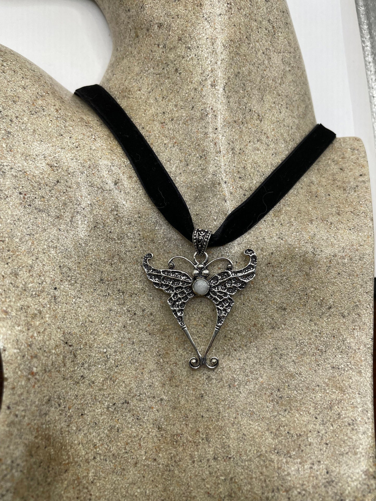 Vintage Lunar Moth Choker Rainbow Moonstone Necklace