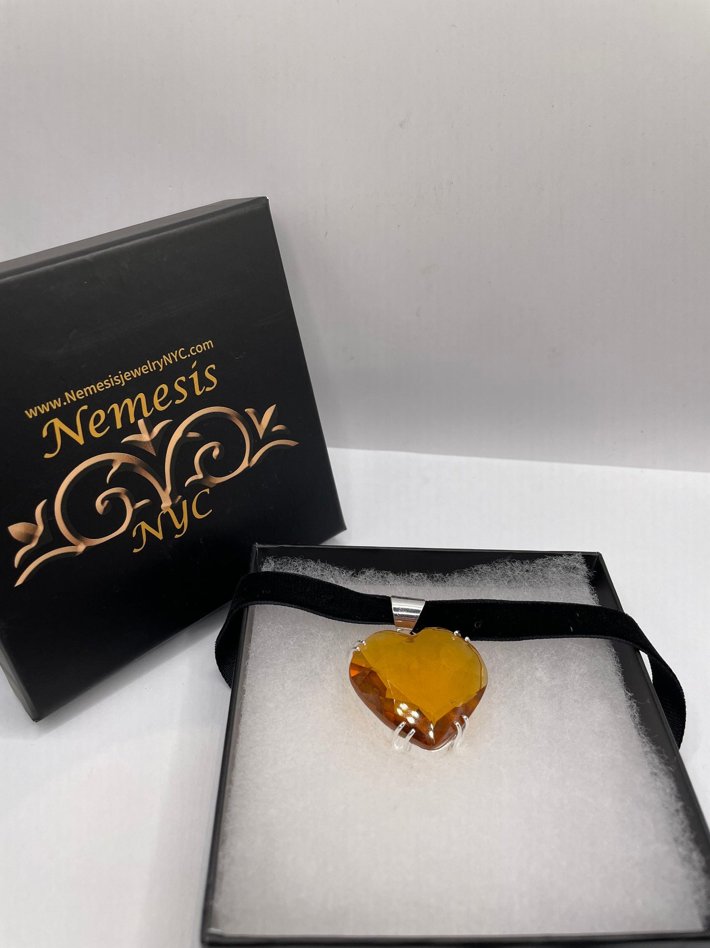 Vintage Amber Glass Heart Antique Black Velvet Ribbon Choker Necklace