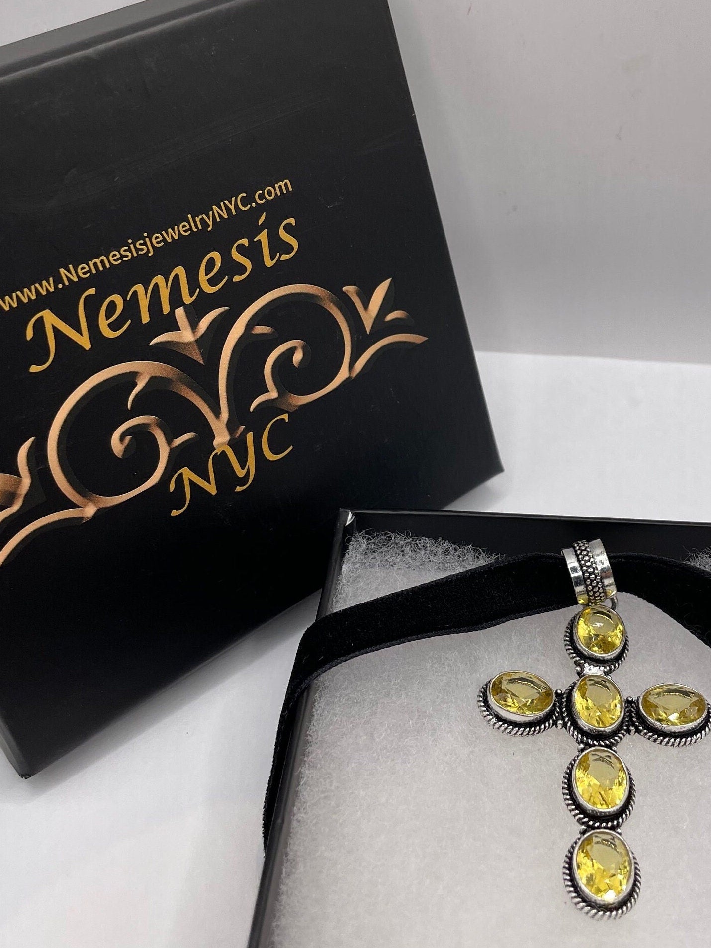 Vintage Silver Golden Citrine Cross Choker Black Velvet Necklace.