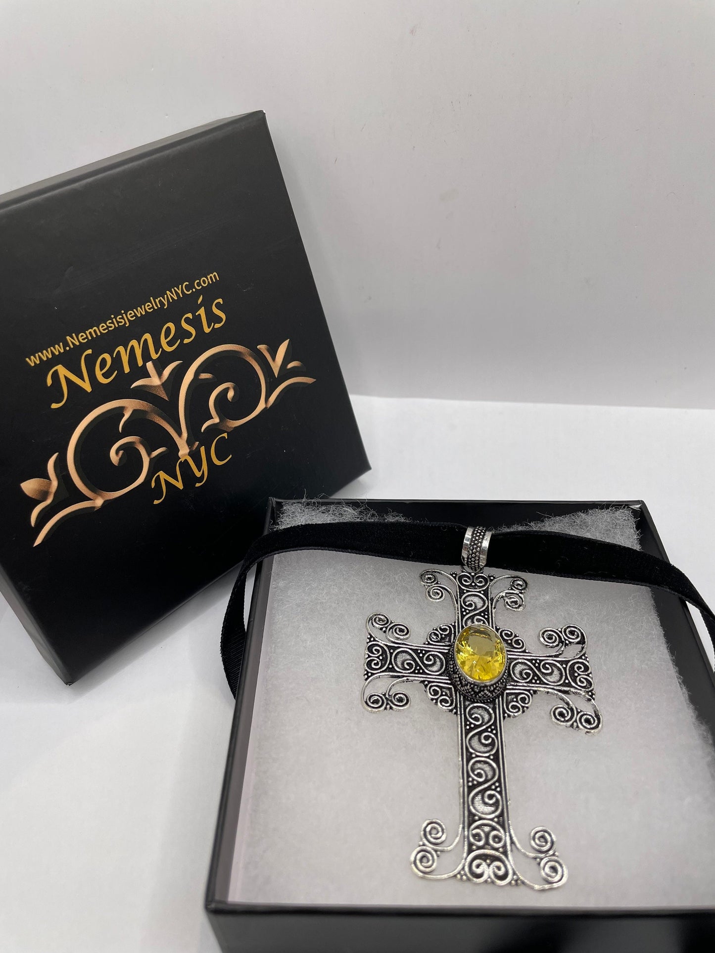 Vintage Silver Golden Citrine Cross Choker Black Velvet Necklace.