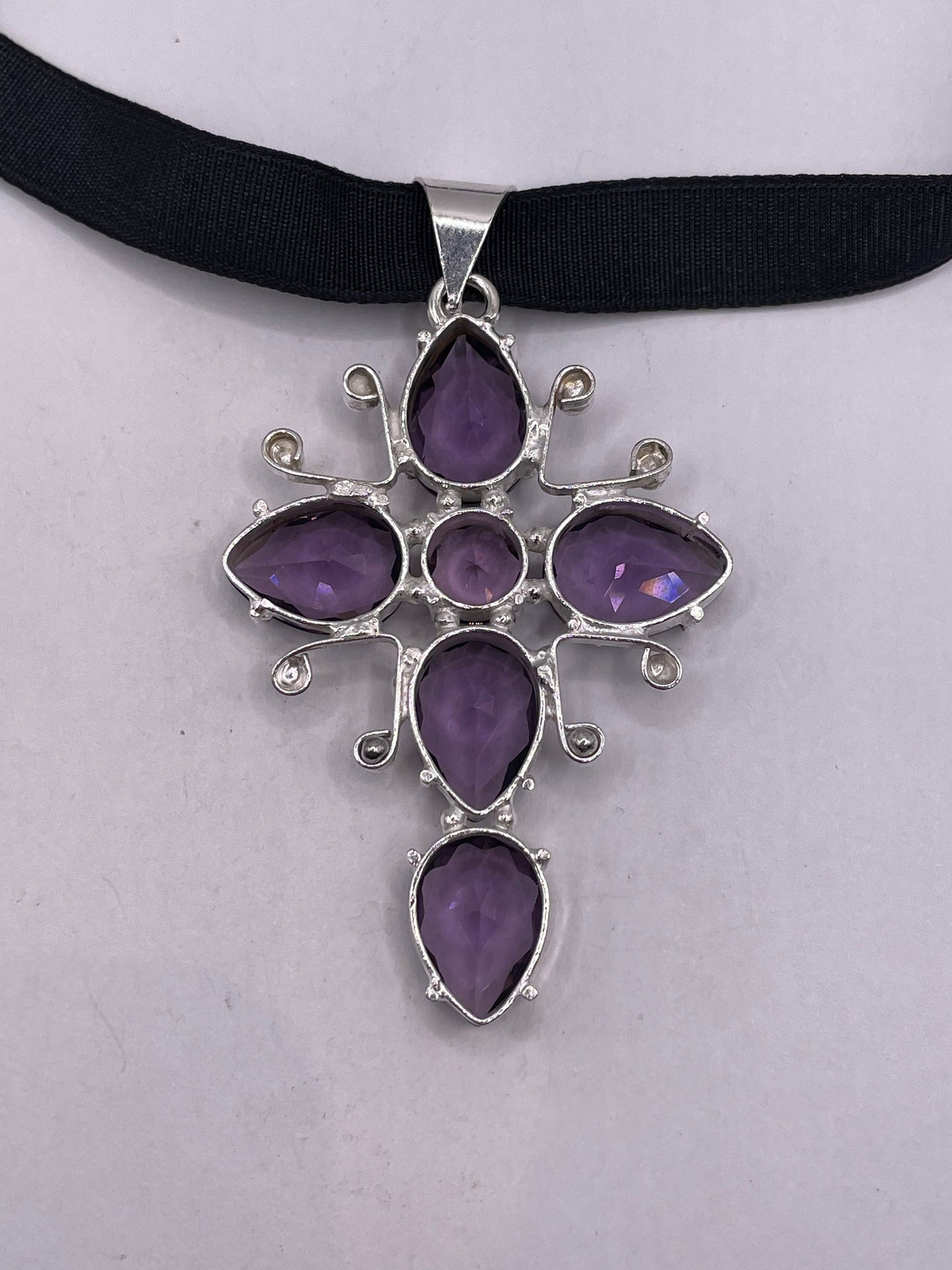 Vintage Purple Amethyst Cross Choker Necklace