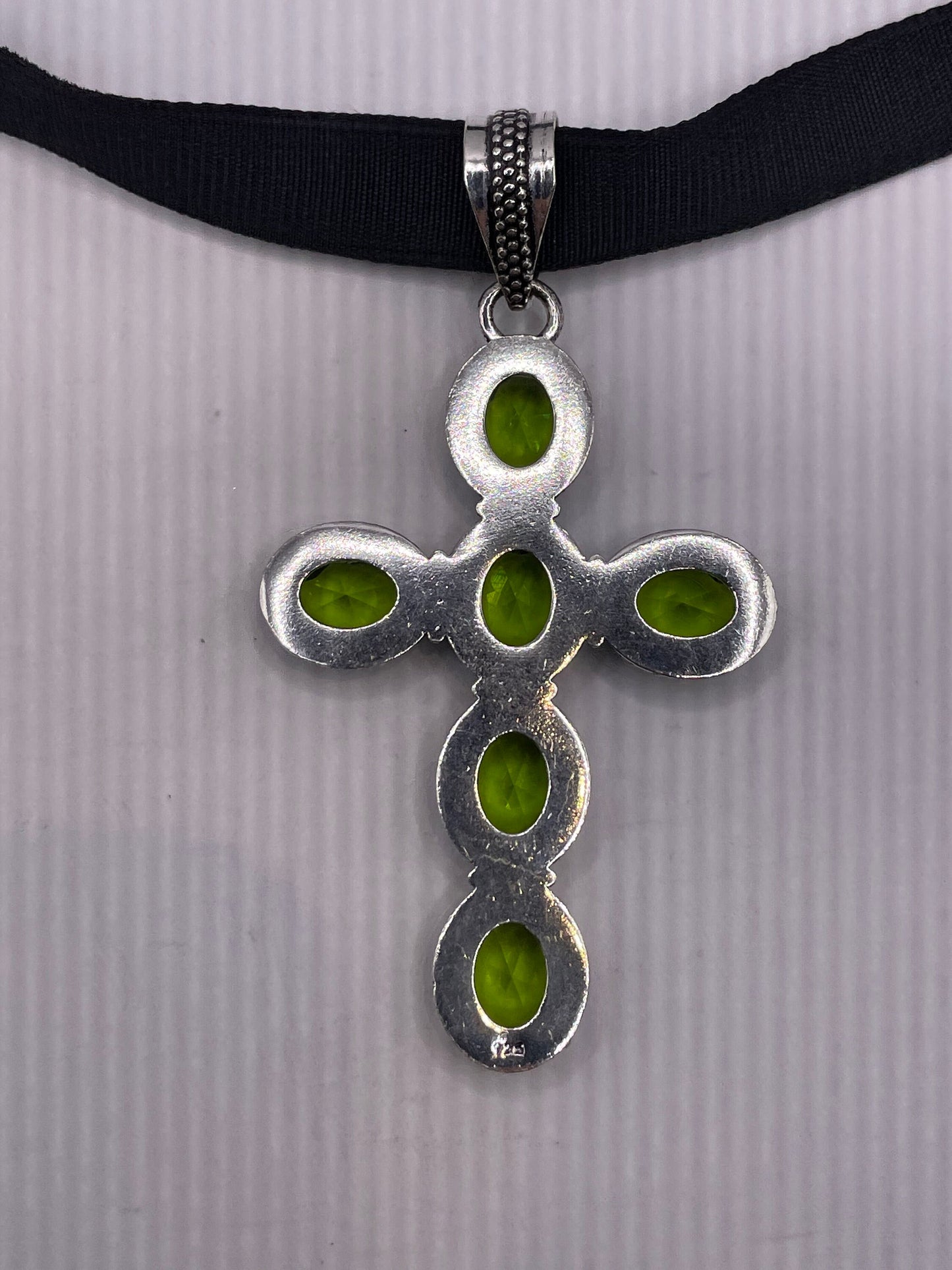 Vintage Silver Genuine Peridot Cross Choker Necklace Pendant