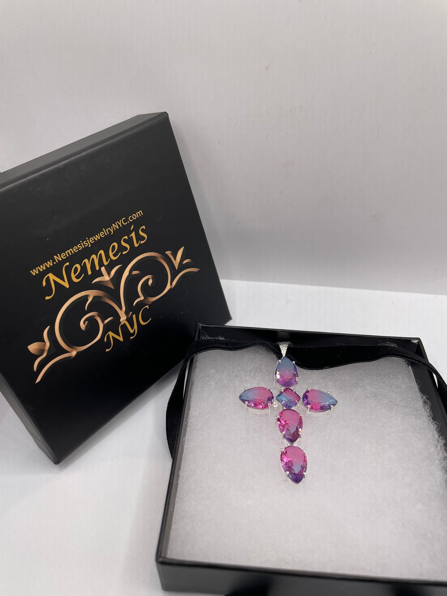 Vintage Pink Blue Glass Cross Choker Black Velvet Necklace.