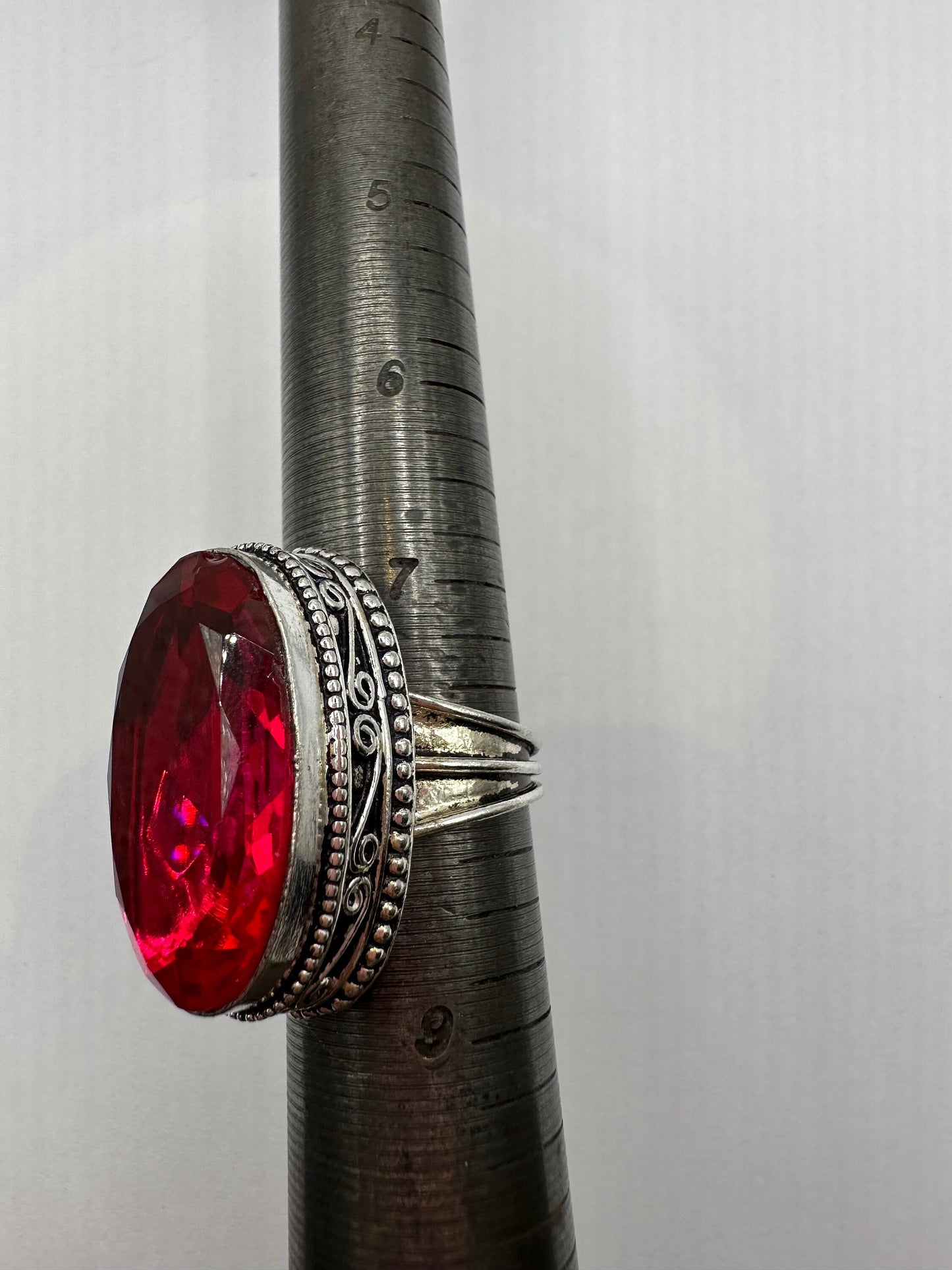 Vintage Red Ruby Glass White Bronze Silver Gothic Ring