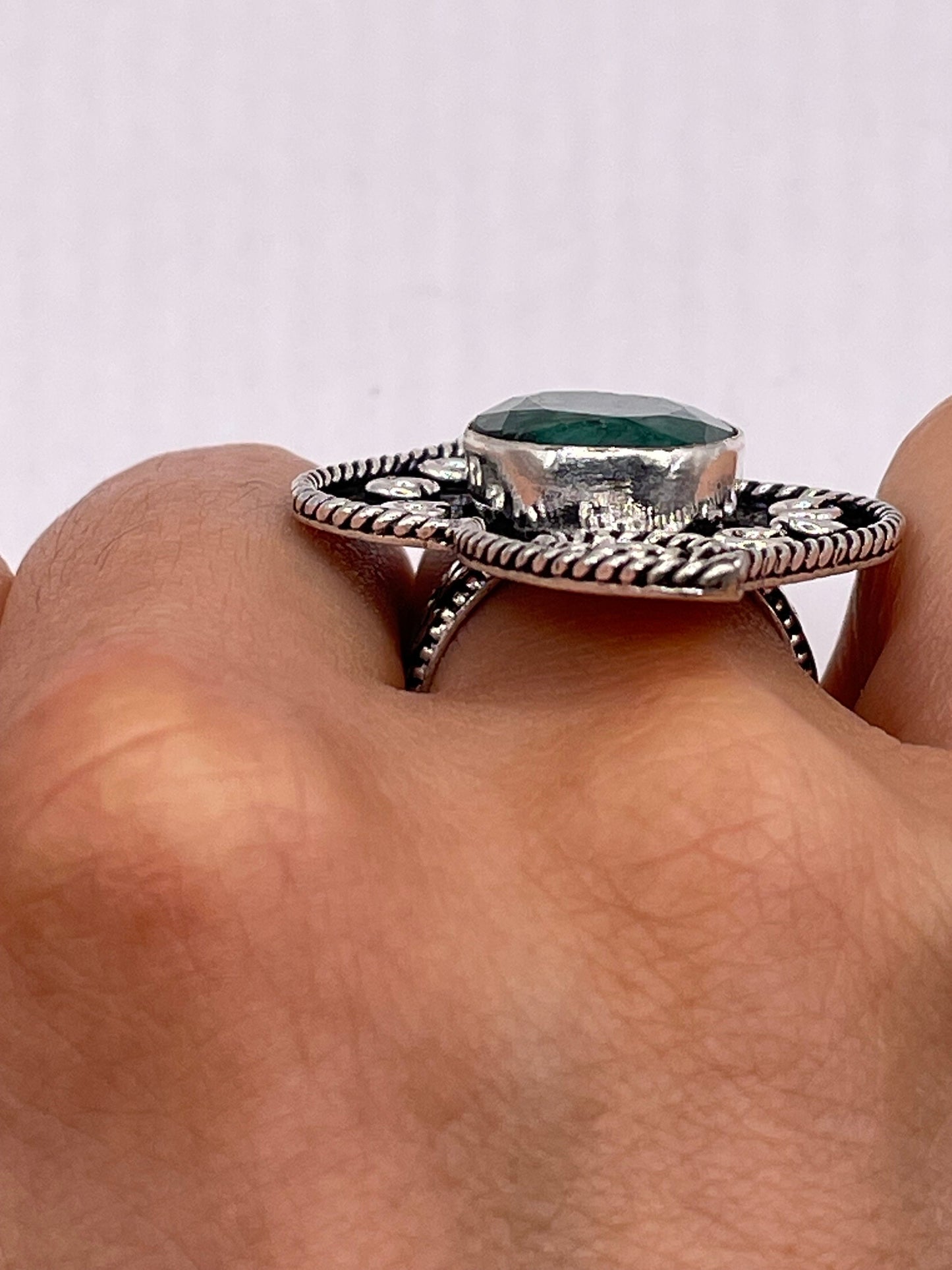 Vintage Green Raw Emerald Silver Bronze Statement Boho Ring