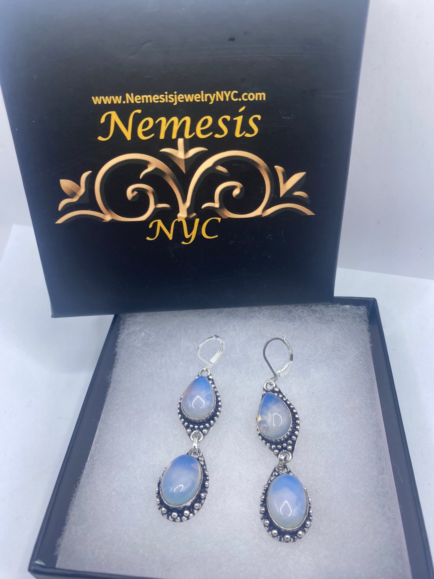 Antique Vintage Blue White Opal Glass Silver Dangle Earrings