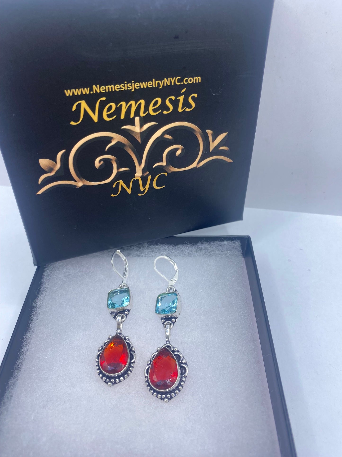 Antique Vintage Red Ruby Glass Silver Dangle Earrings
