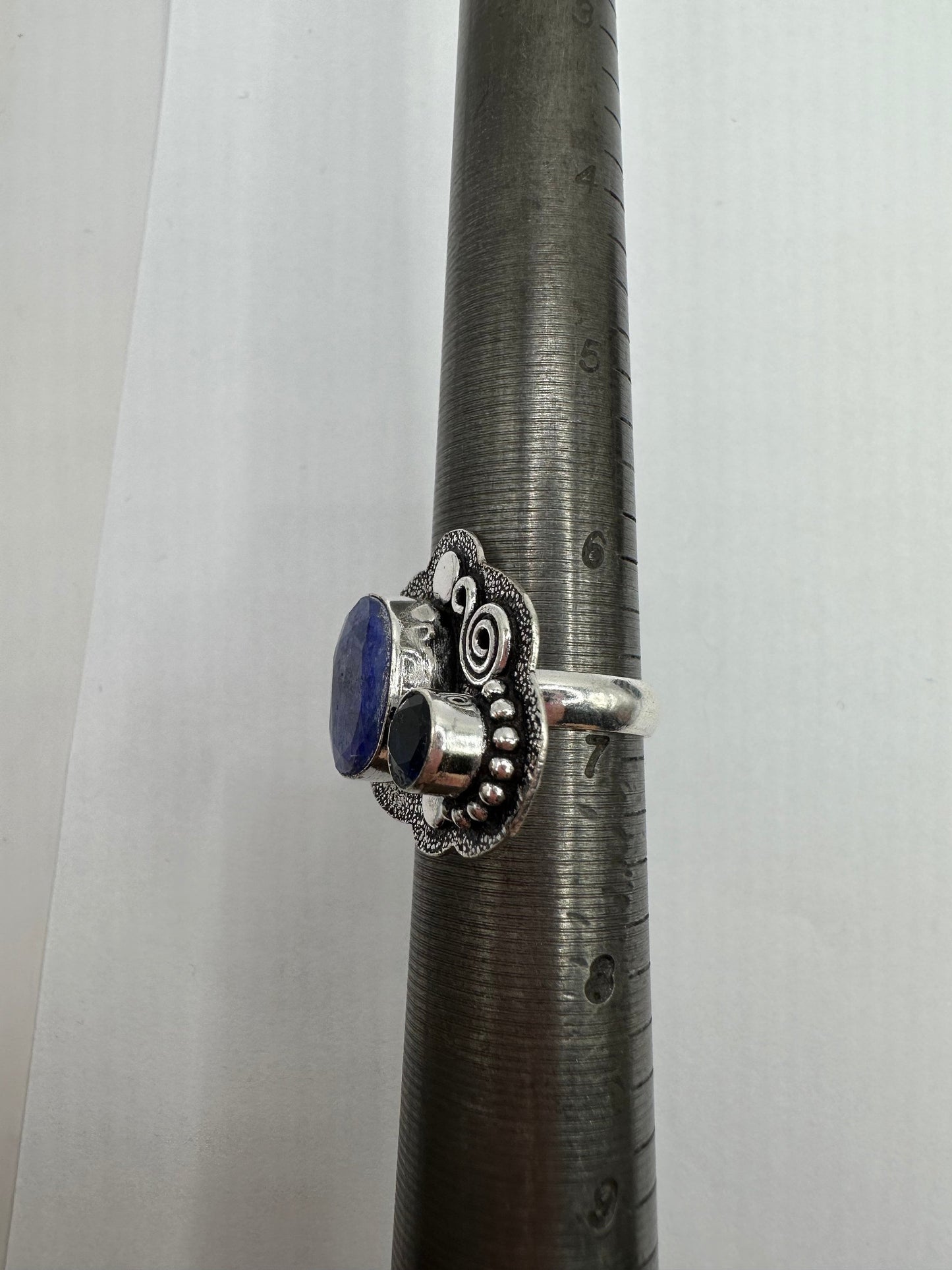 Vintage Raw Blue Sapphire White Bronze Silver Cocktail Ring