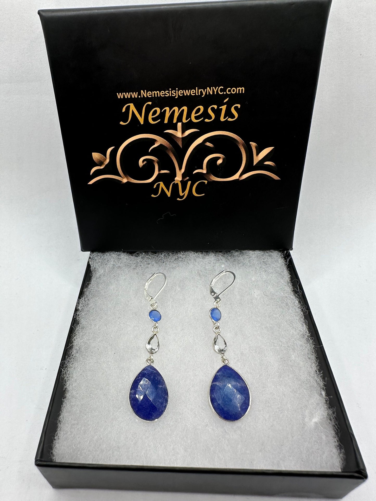 Vintage Blue Raw Sapphire Sterling Silver Lever Back Chandelier Earrings