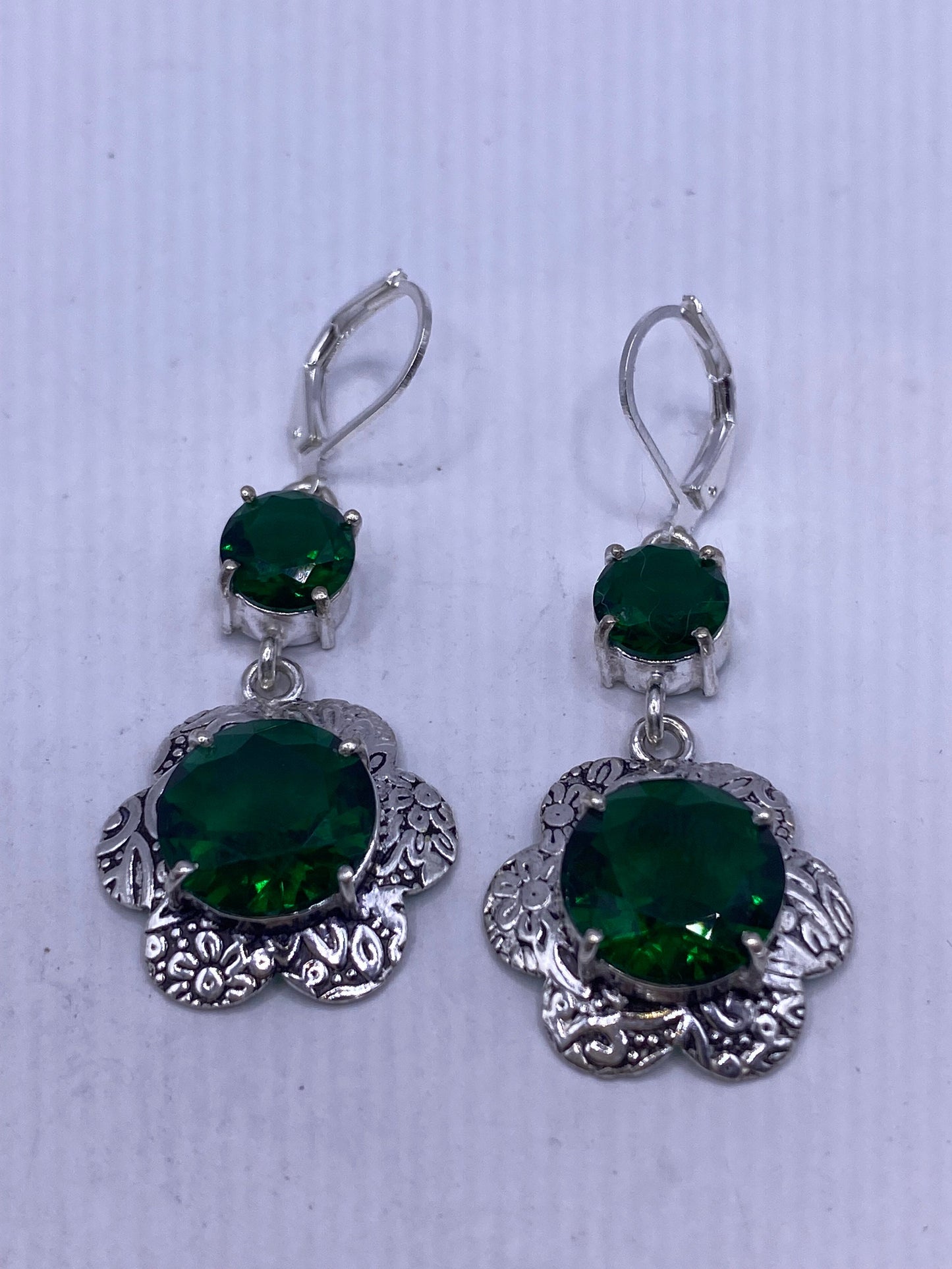 Antique Vintage Green Glass Silver Dangle Earrings
