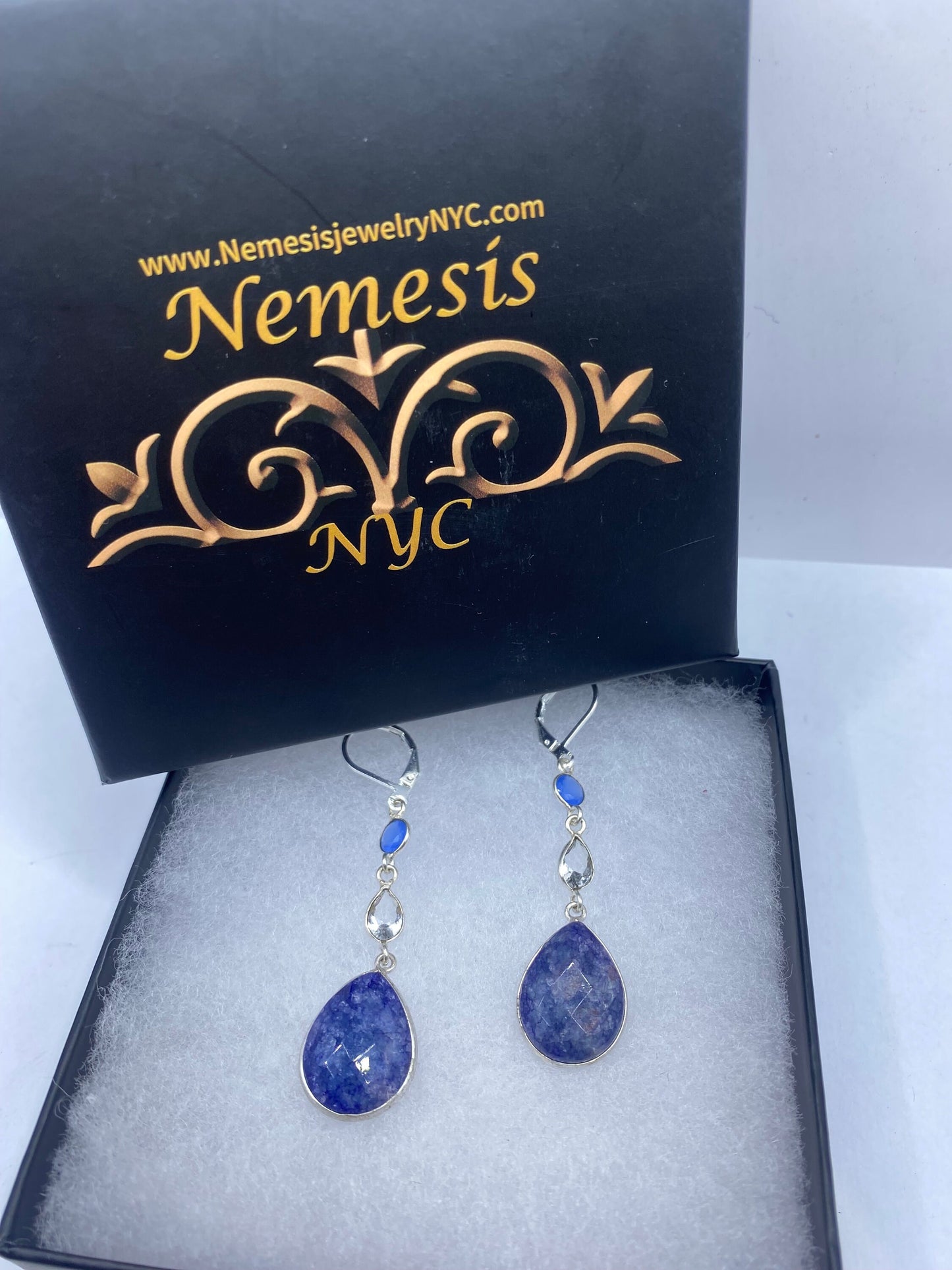 Vintage Blue Raw Sapphire Sterling Silver Lever Back Chandelier Earrings