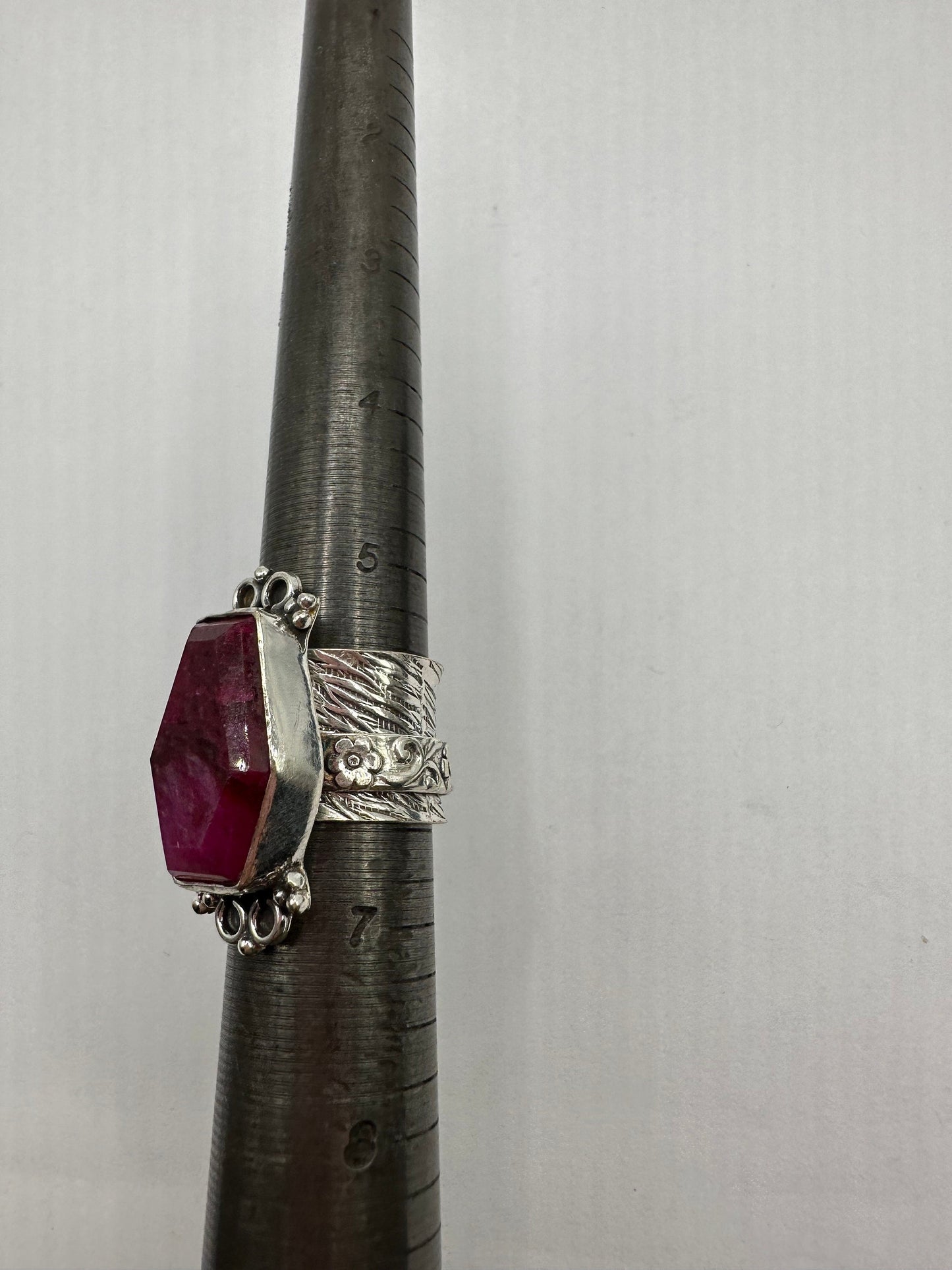 Vintage Raw Pink Ruby Silver Boho Statement Ring