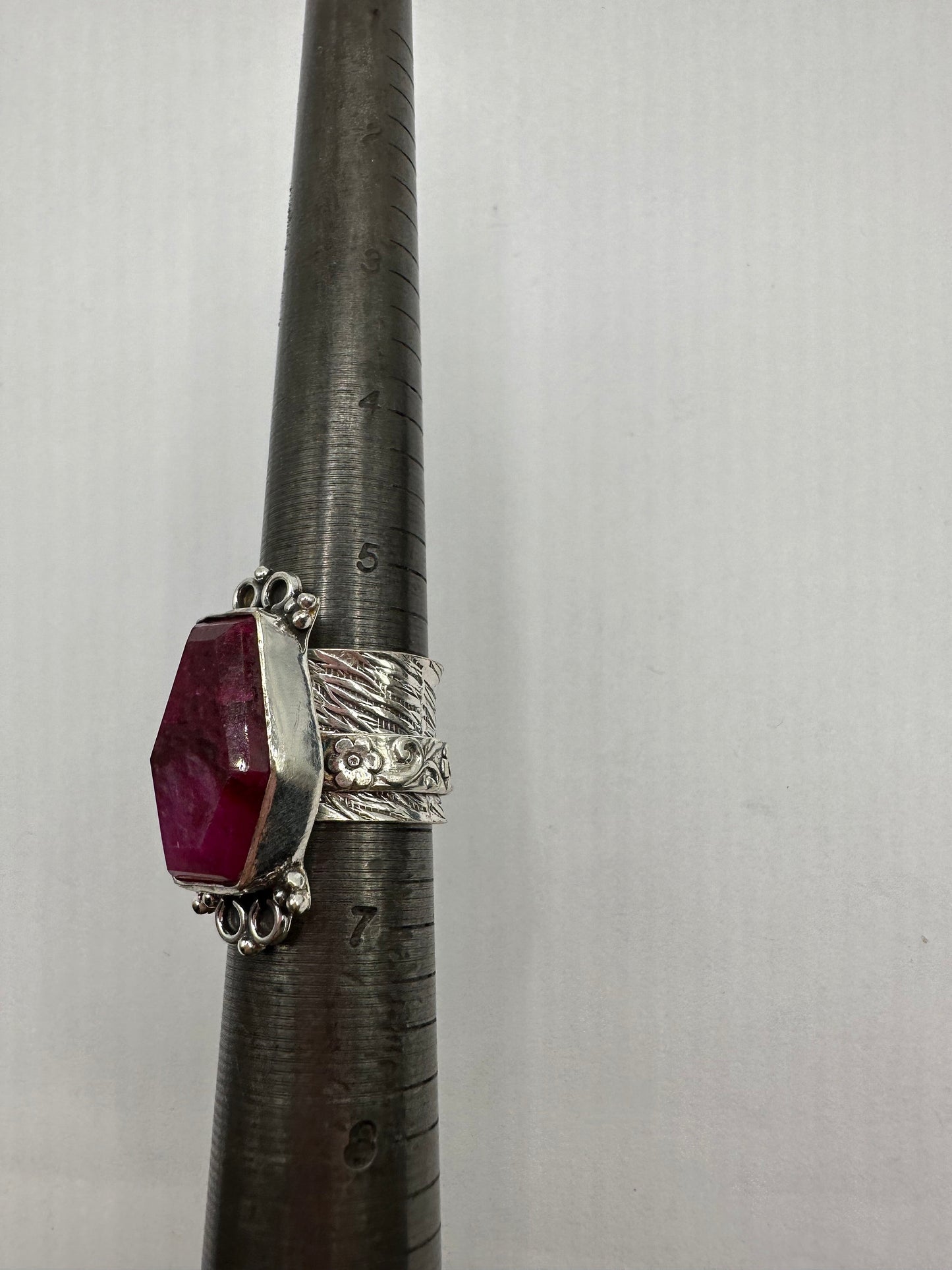 Vintage Raw Pink Ruby Silver Boho Statement Ring