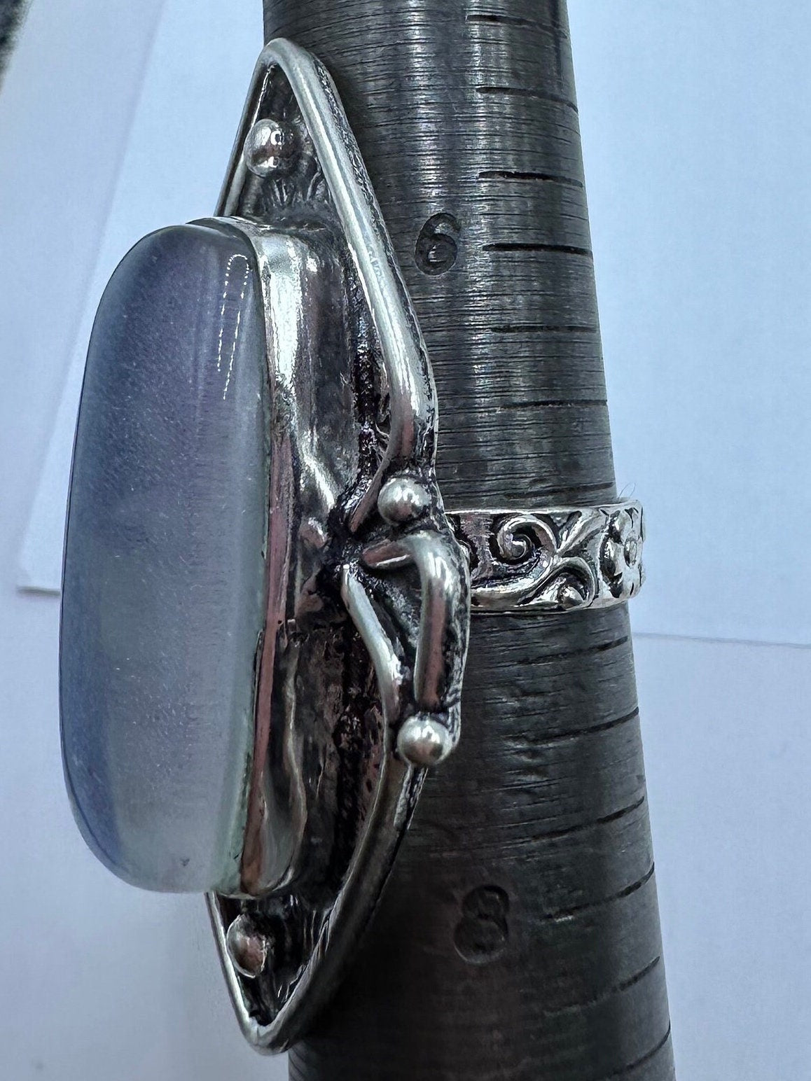 Vintage Art Glass Ring, Deep Blue Opal, Ornate German Silver, Size 7.25
