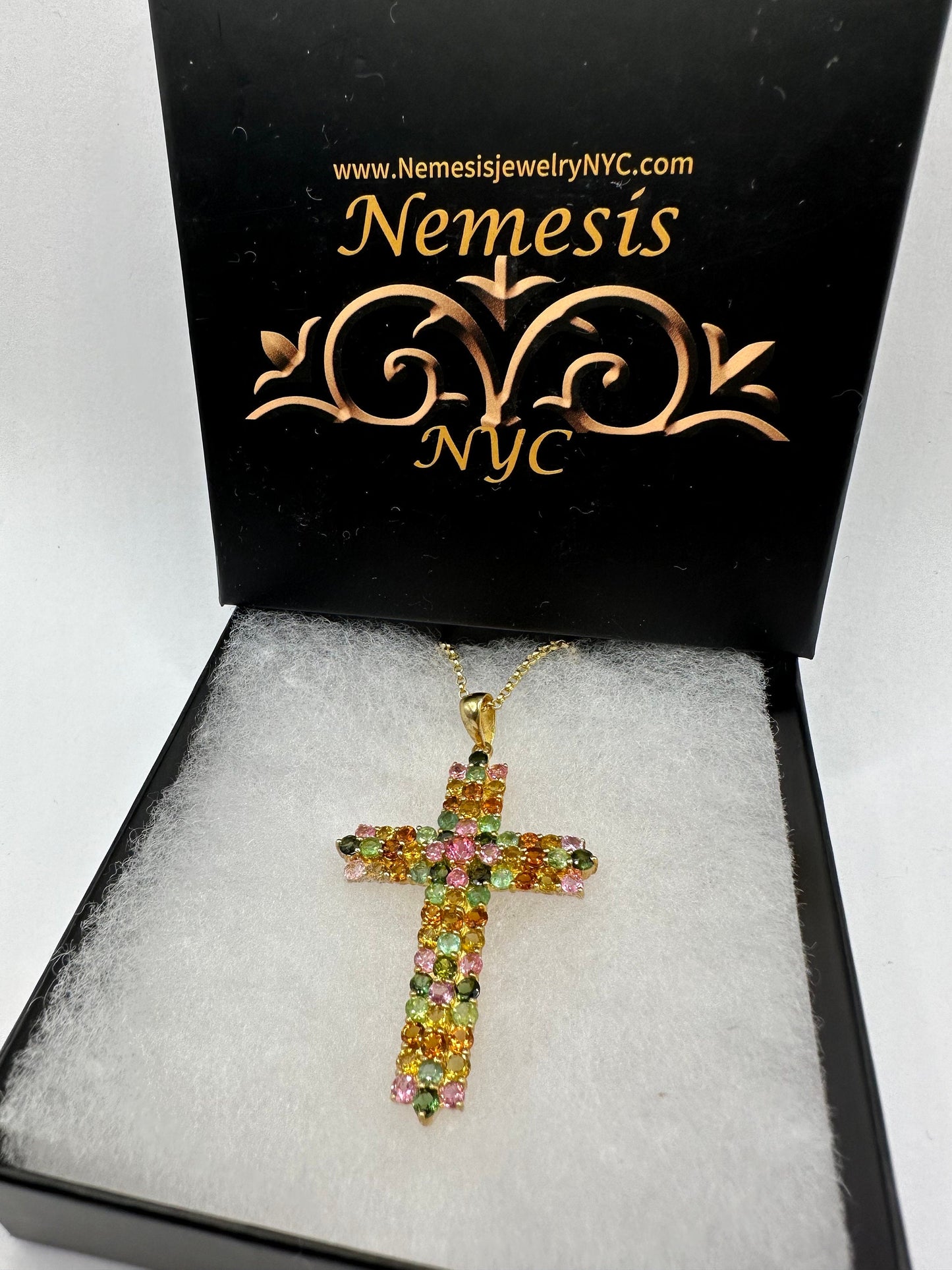 Vintage Tourmaline Cross 925 Sterling Silver Pendant Choker Necklace