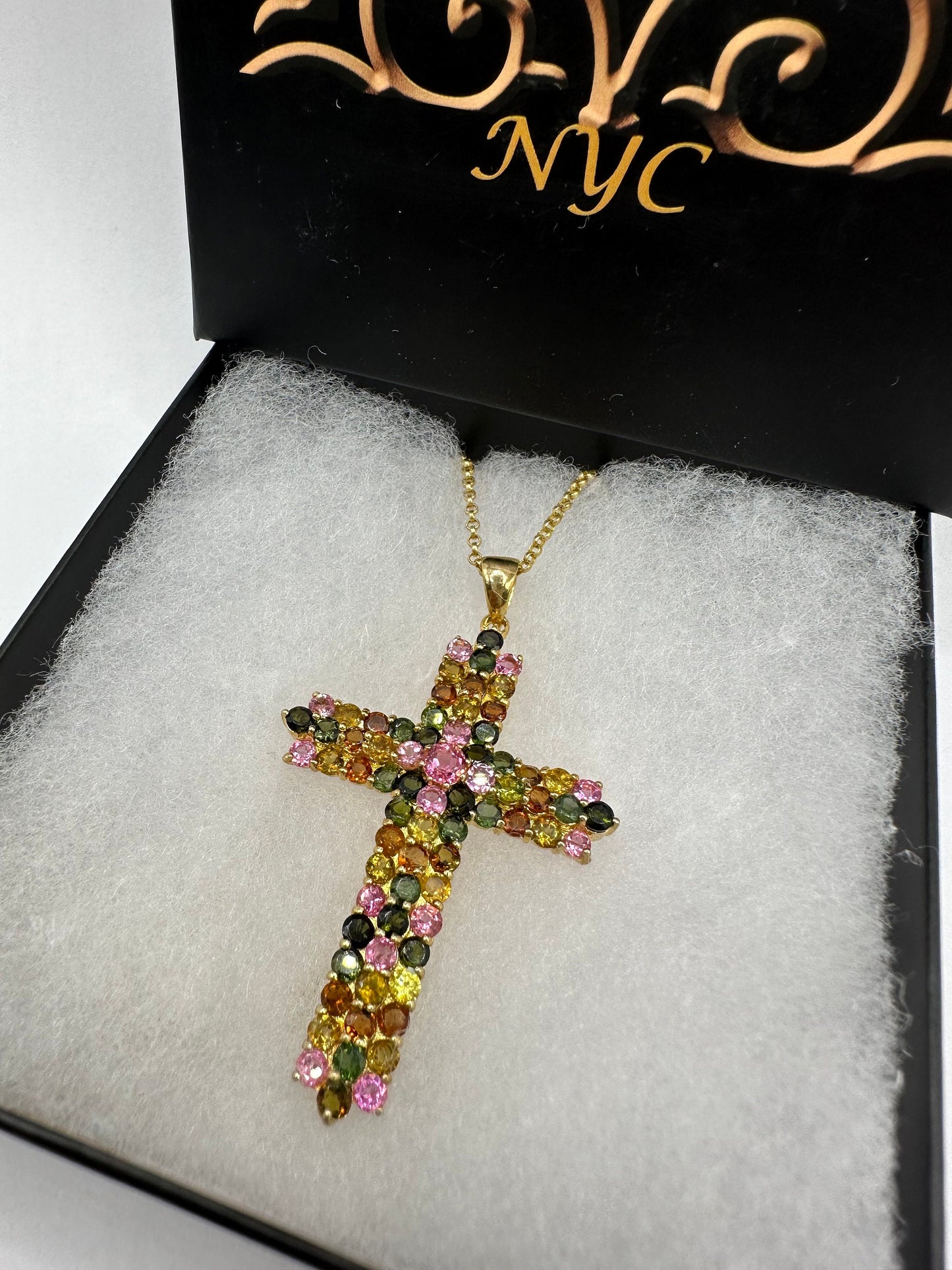 Vintage Tourmaline Cross 925 Sterling Silver Pendant Choker Necklace
