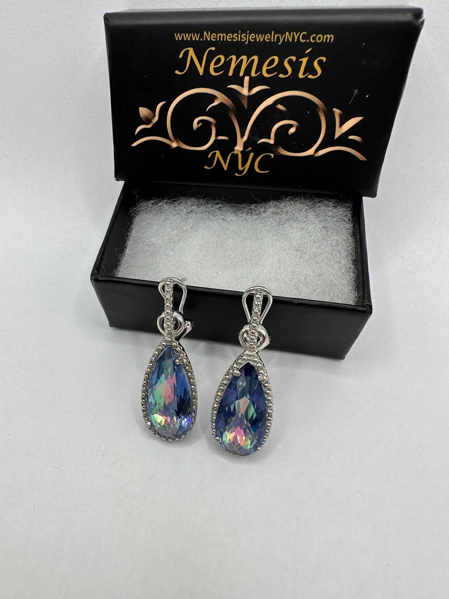 Vintage Blue Mystic Topaz White Sapphire 925 Sterling Silver Drop Earrings