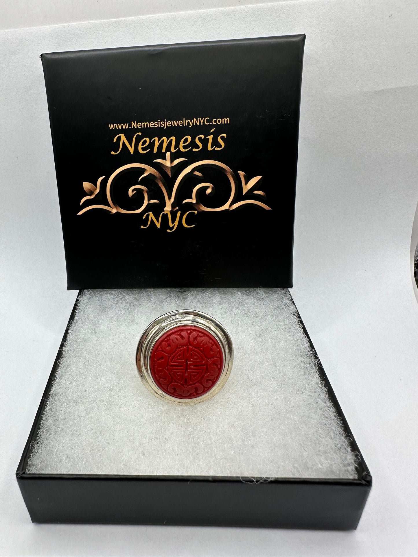 Antique Red Cinnabar Statement Ring 925 sterling silver size 8 1/2