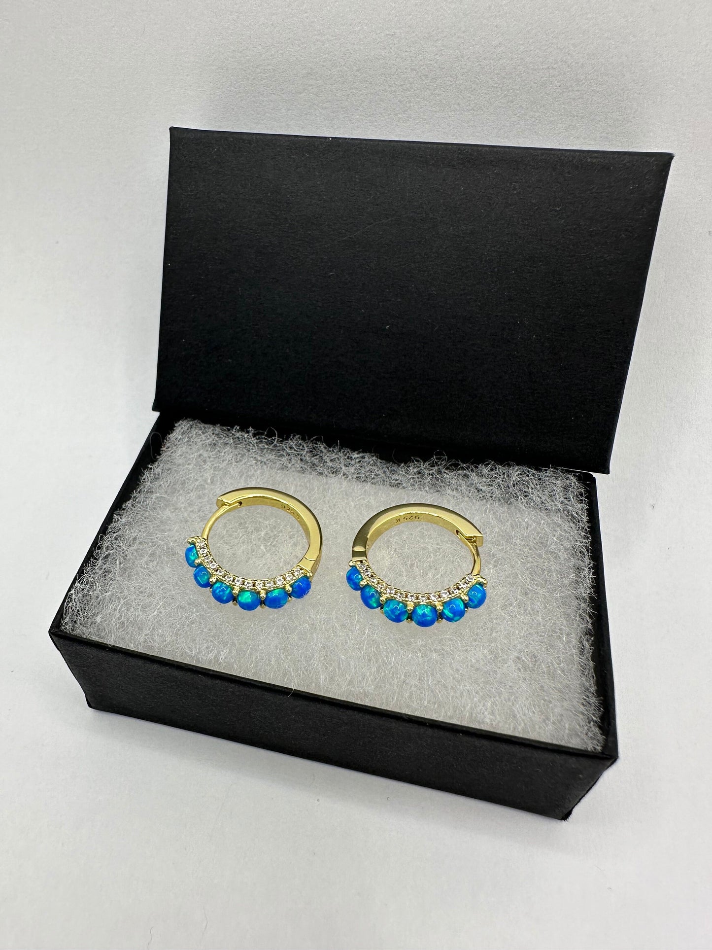 Vintage Blue Opal Earrings White Sapphire golden 925 Sterling Silver Hoops