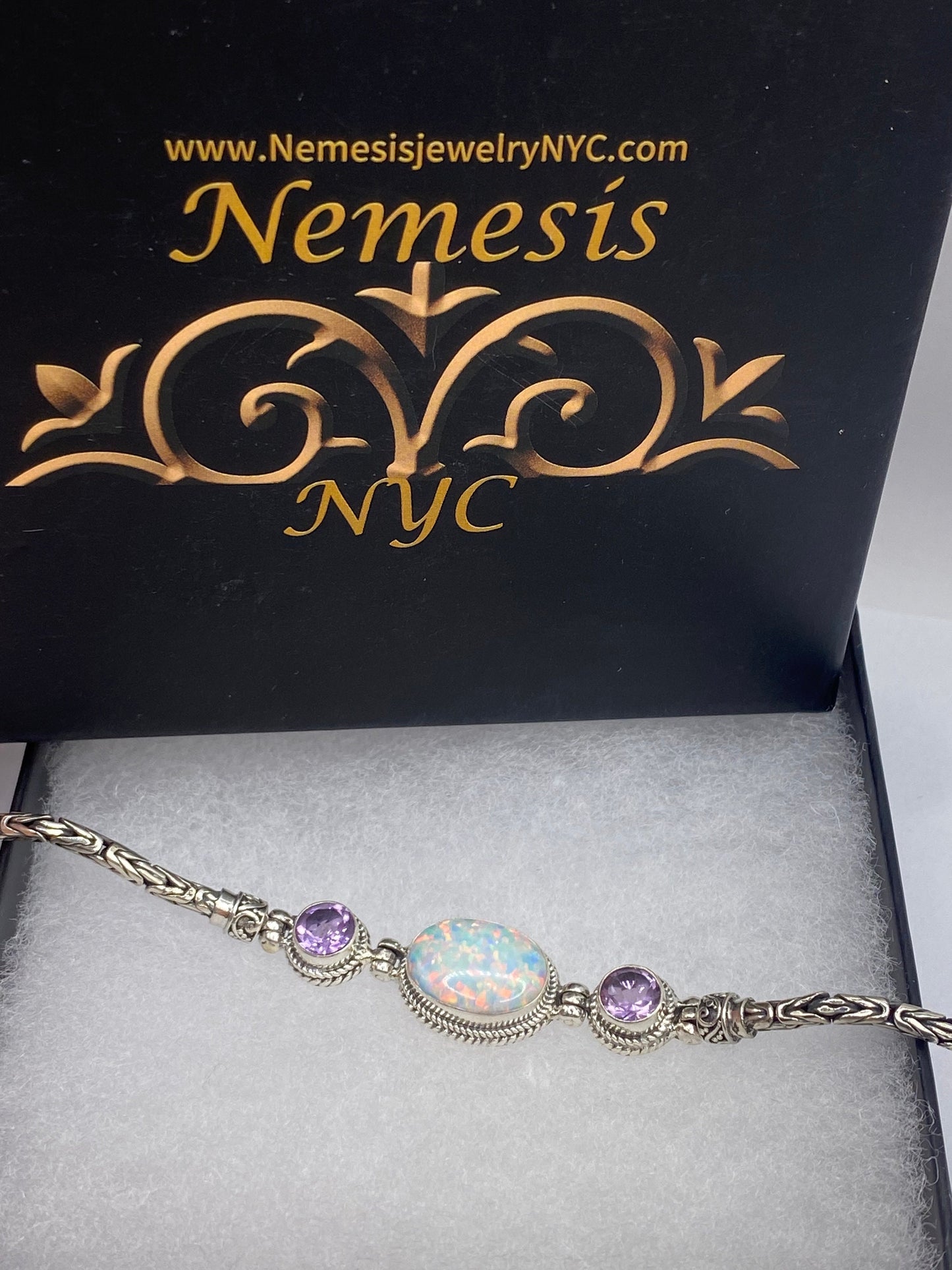 Vintage Blue Fire Opal Amethyst Bracelet inlay 925 Sterling Silver