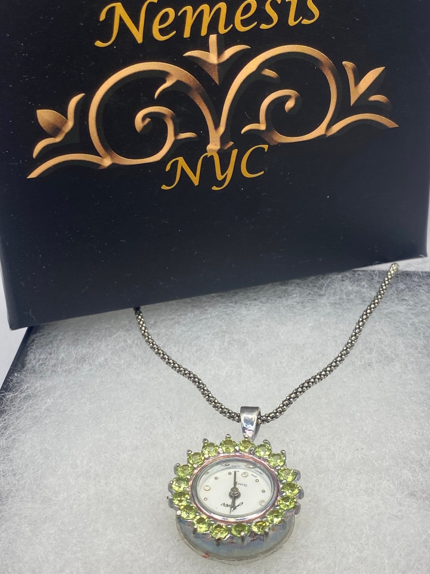 Vintage Watch Necklace 925 Sterling Silver Green Peridot Antique Pendant