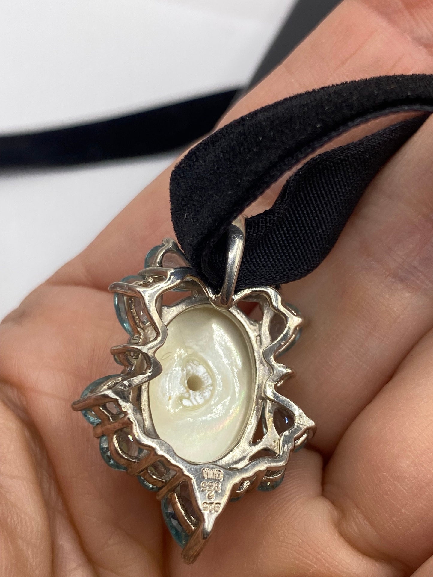 Vintage Blue Fluorite and White Pearl 925 Sterling Silver Choker Necklace Pendant